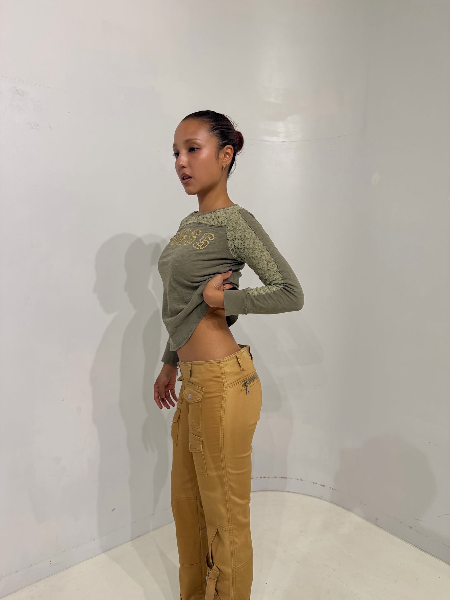low-rise camel cargo pants