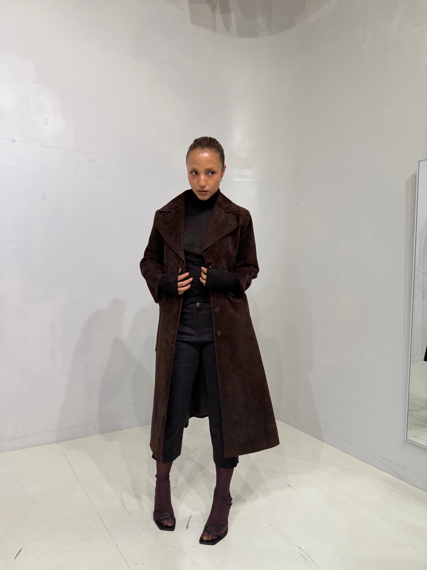 brown long suède coat