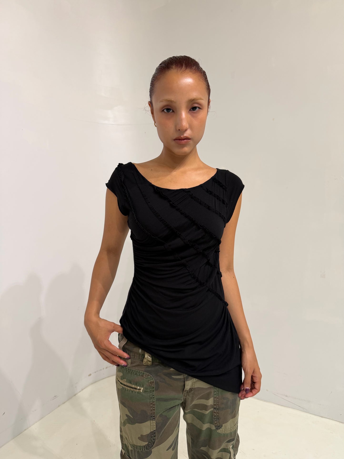 asymmetry black sleeveless top