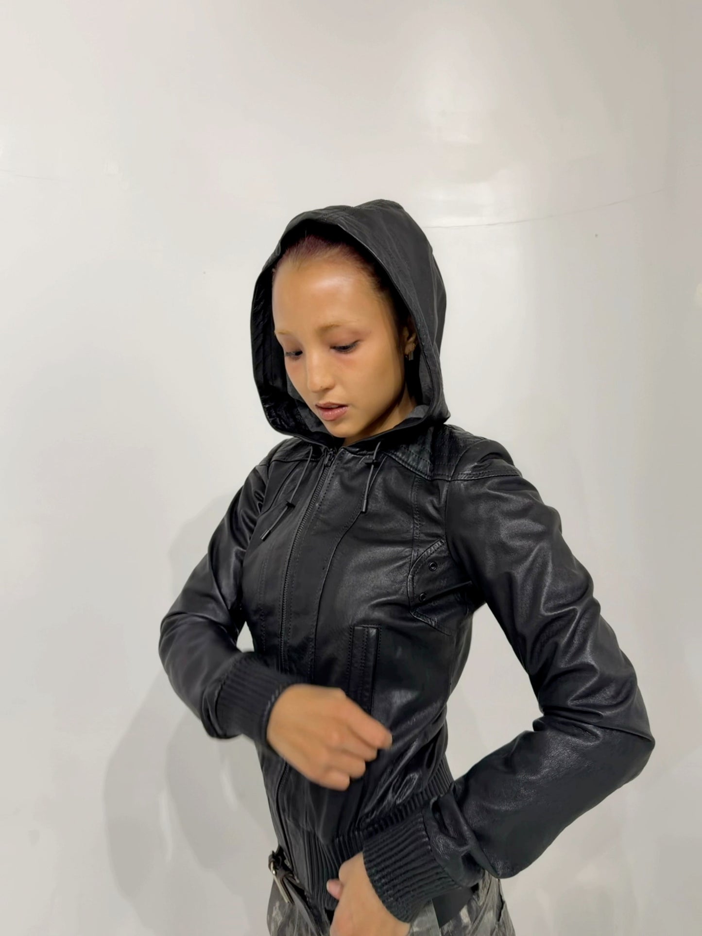 real leather black hooded jacket