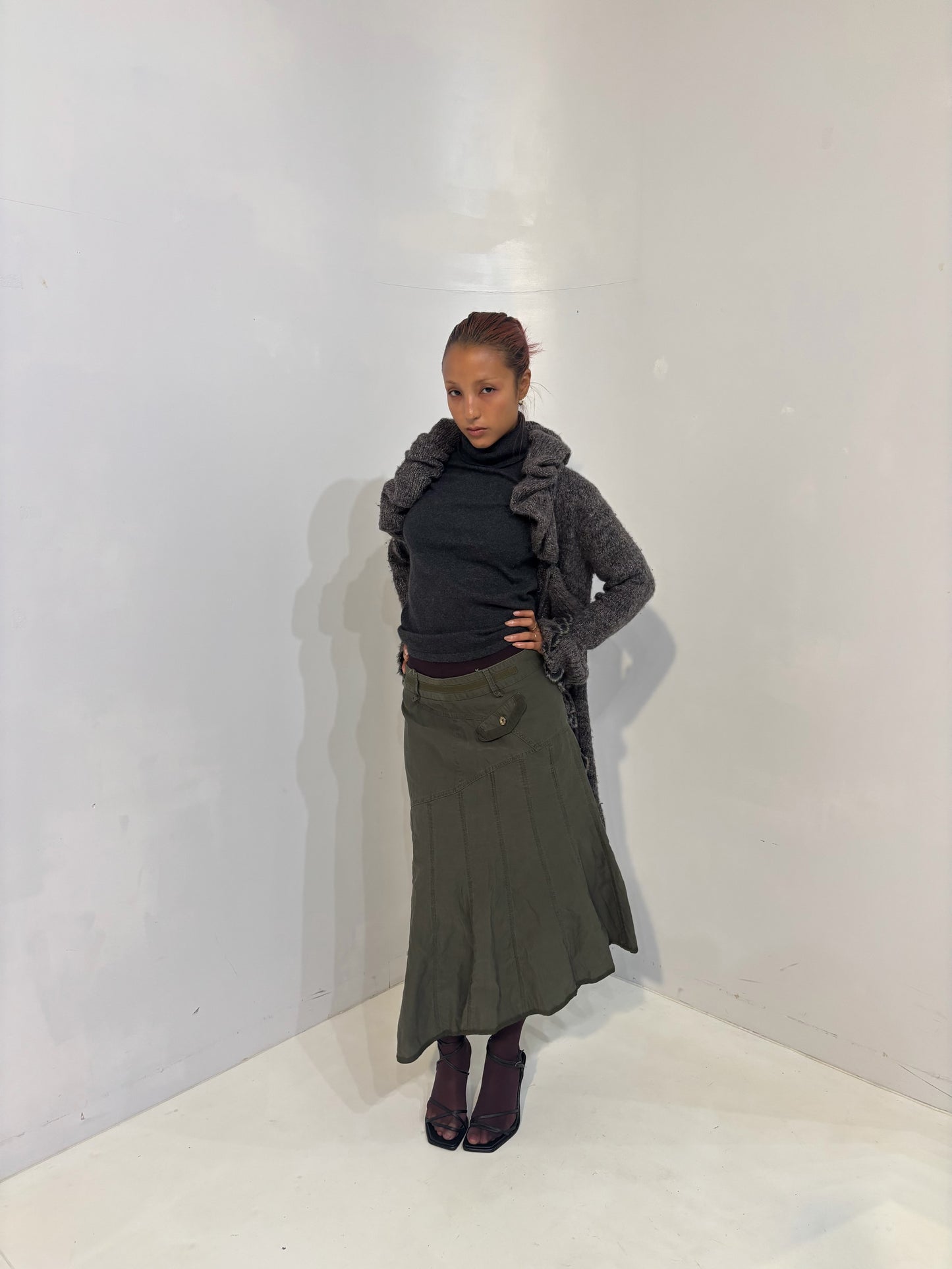 frilled gray knit cardigan