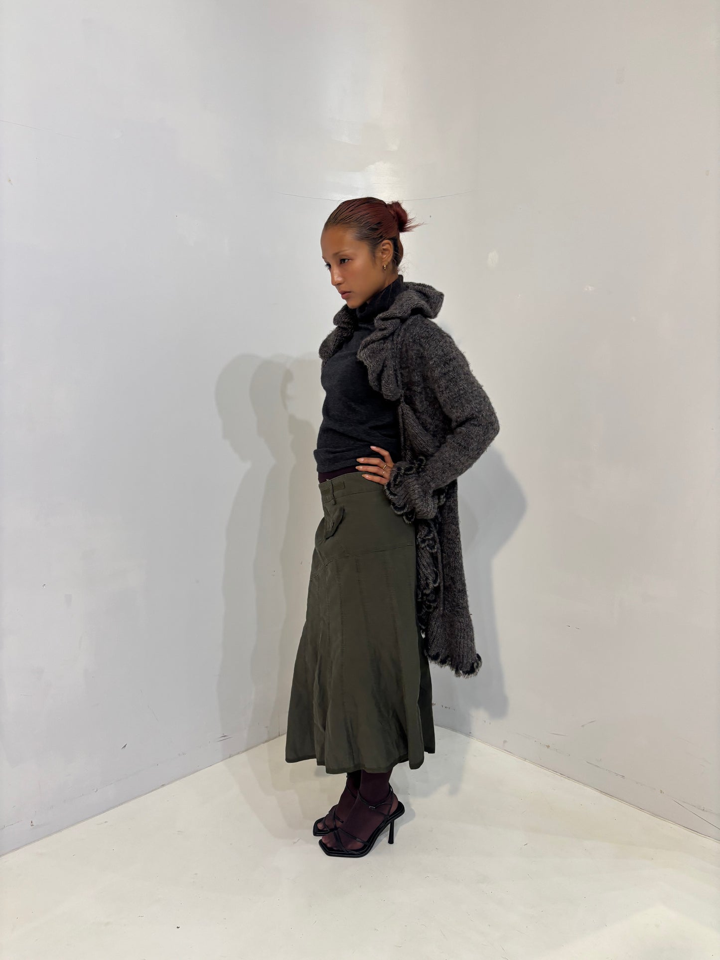 frilled gray knit cardigan