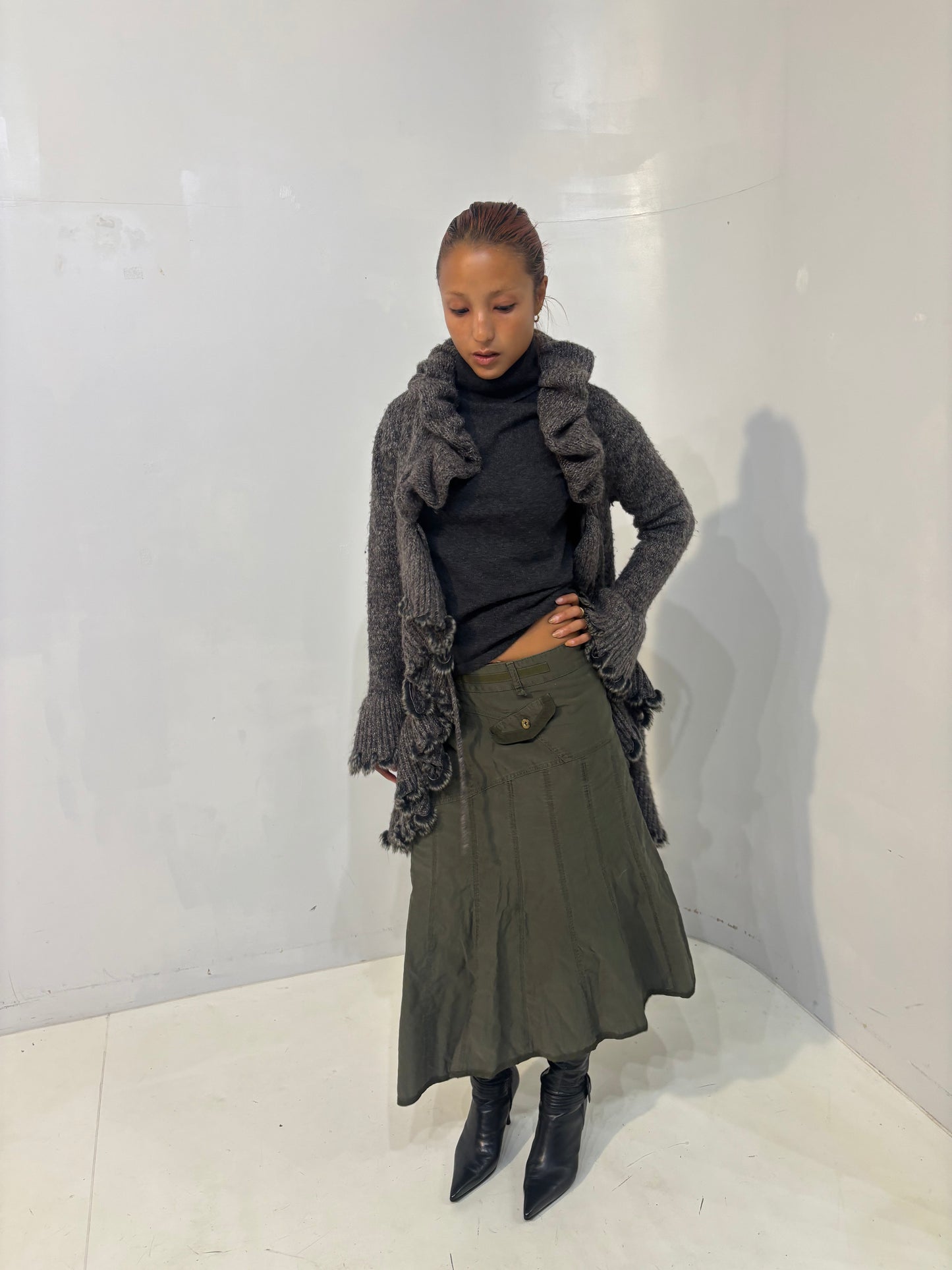 frilled gray knit cardigan