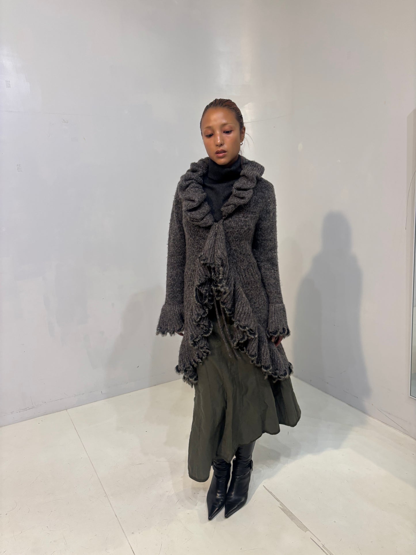 frilled gray knit cardigan