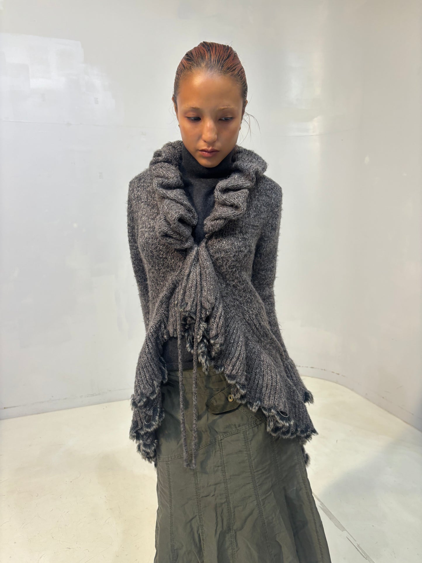 frilled gray knit cardigan