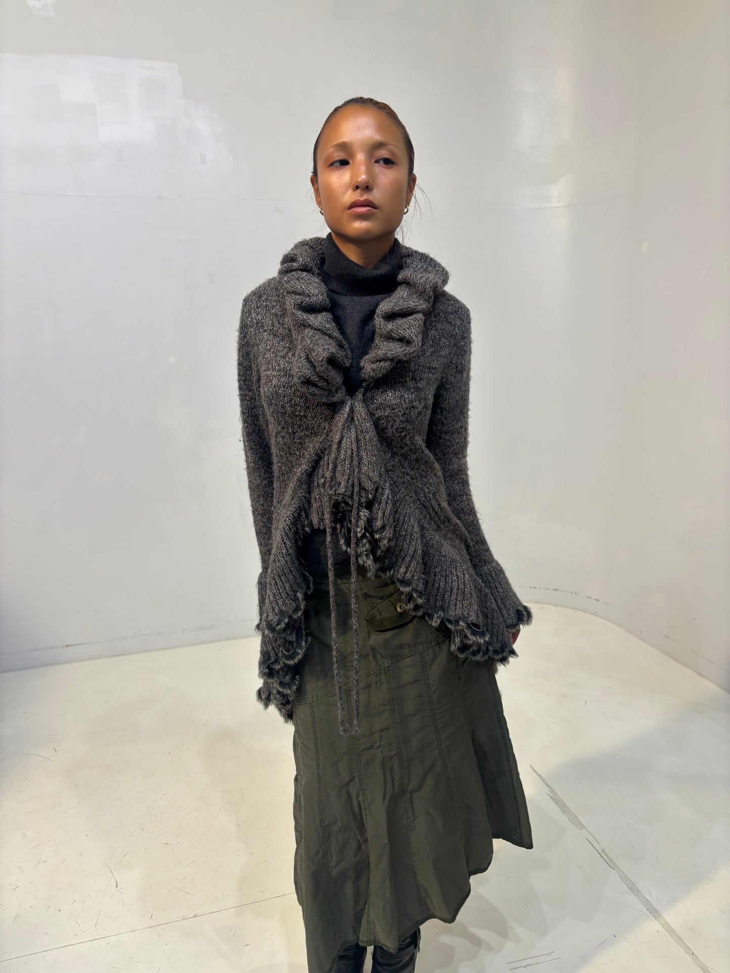 frilled gray knit cardigan