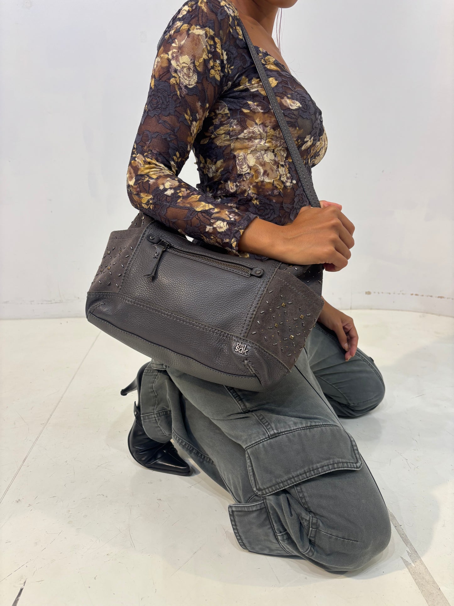 sak gray studded leather shoulder bag