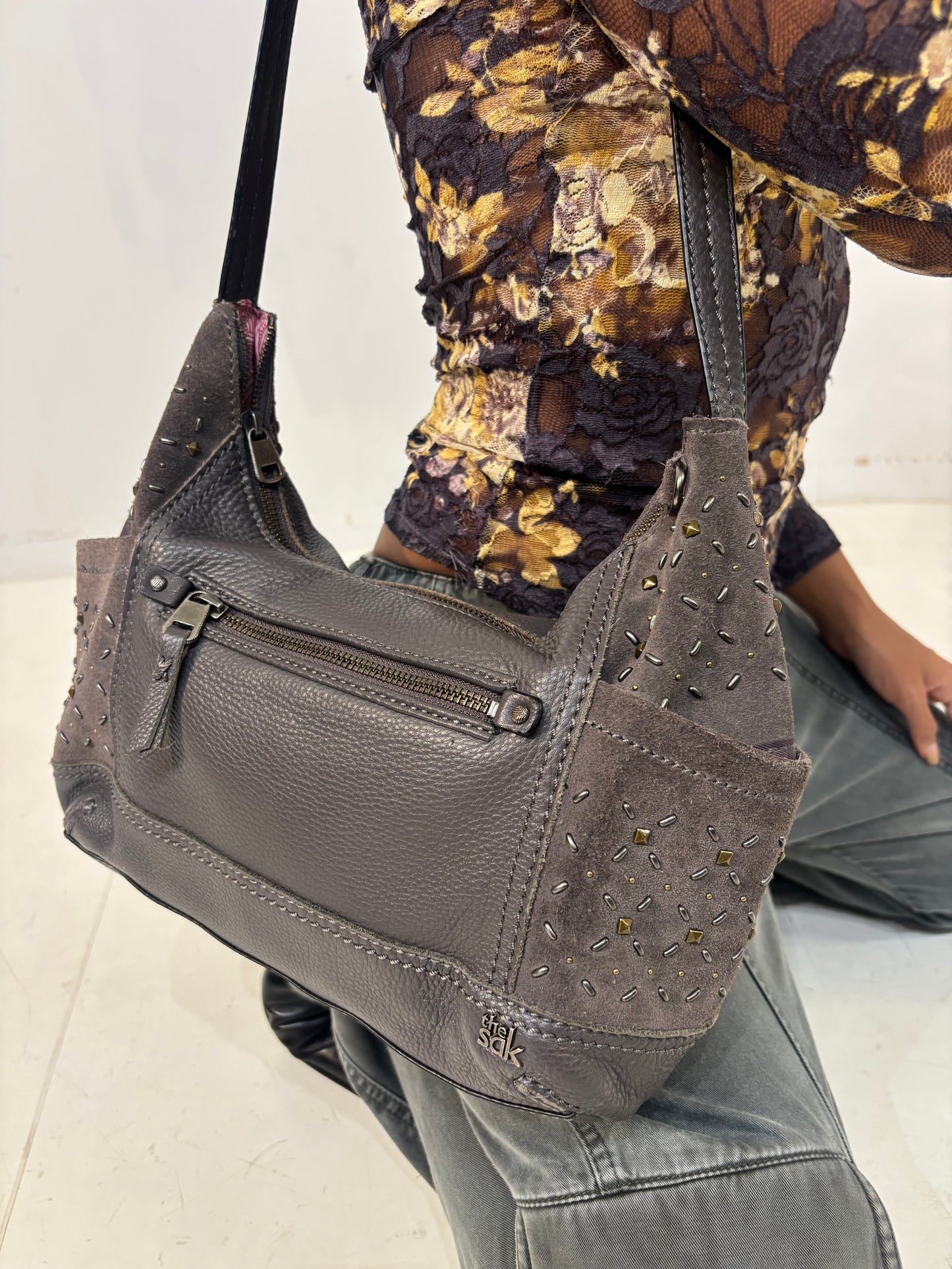 sak gray studded leather shoulder bag