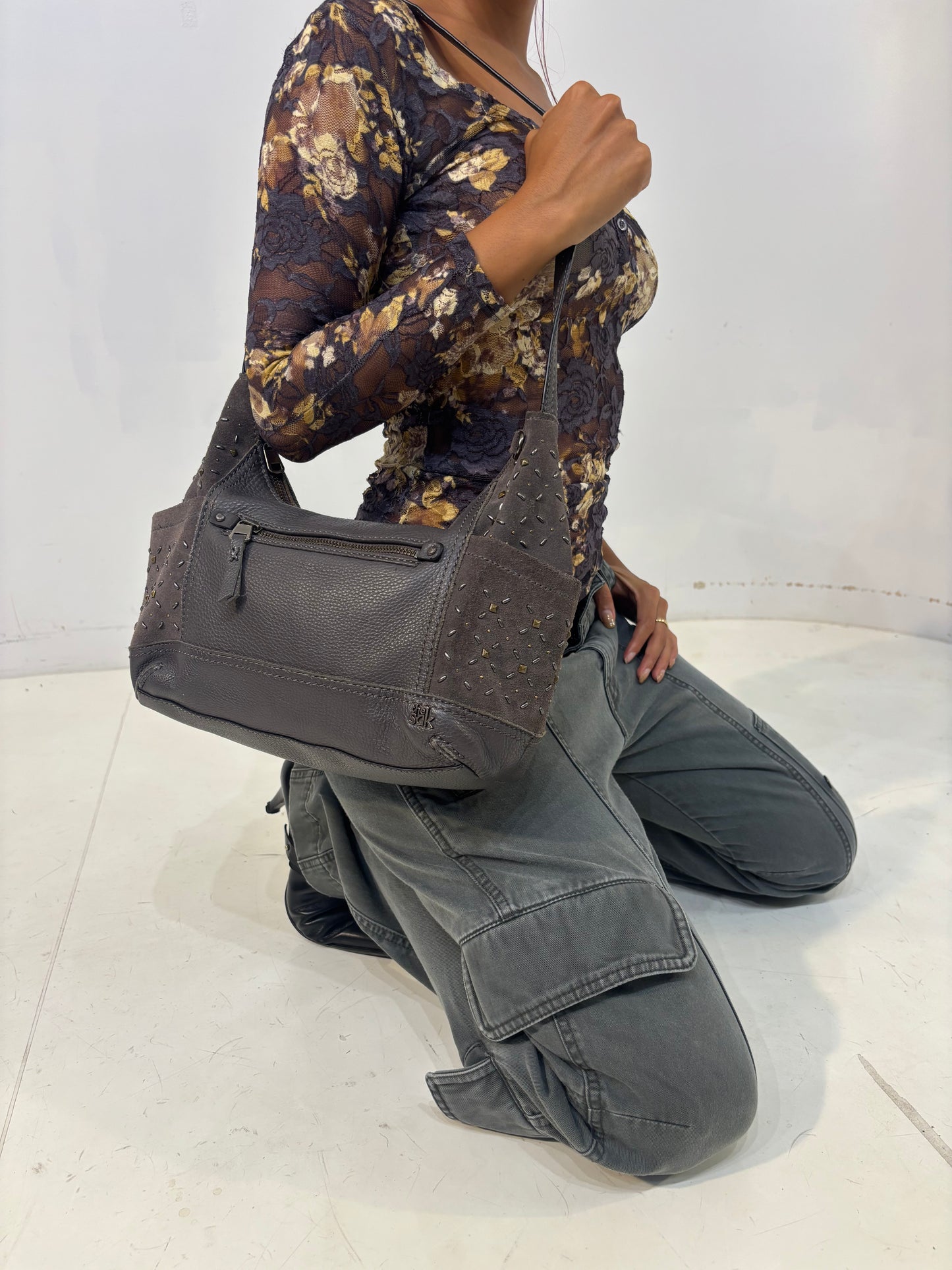 sak gray studded leather shoulder bag