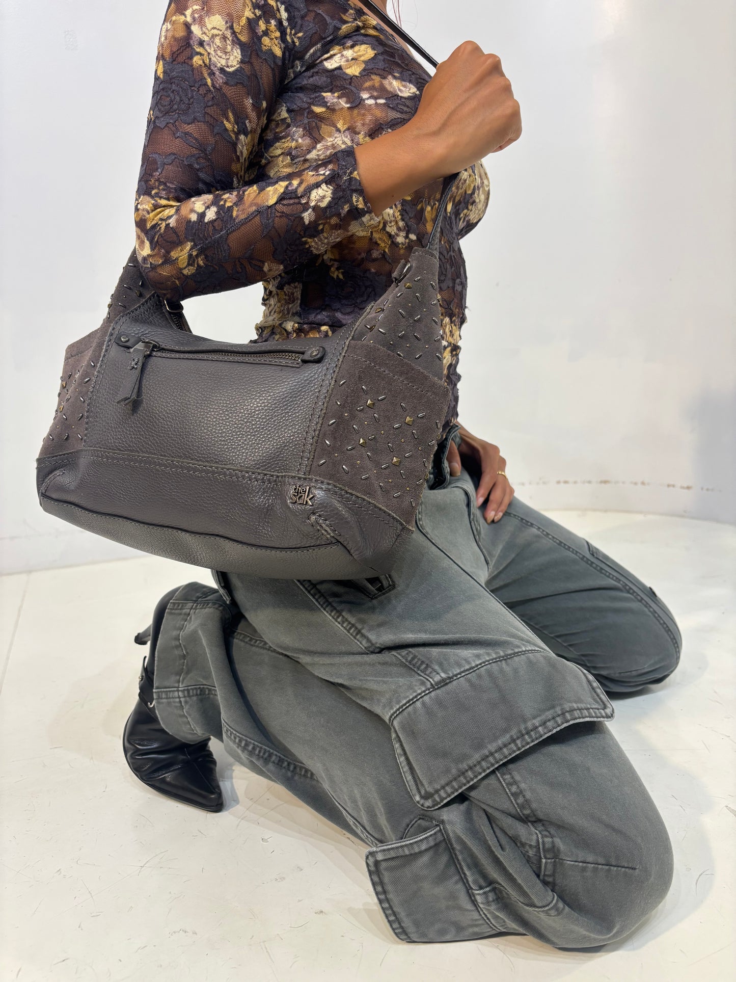 sak gray studded leather shoulder bag