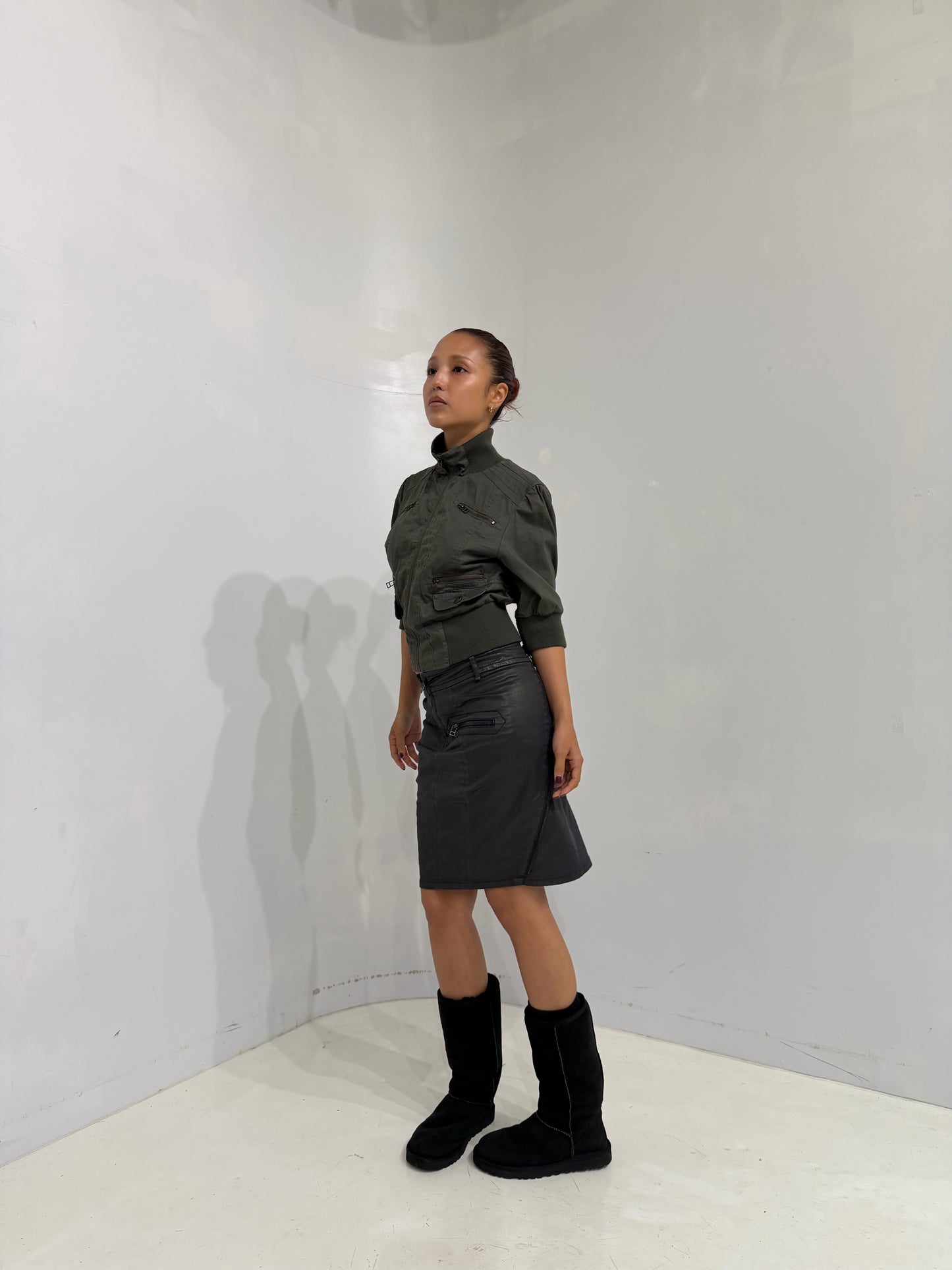 metallic khaki mini skirt