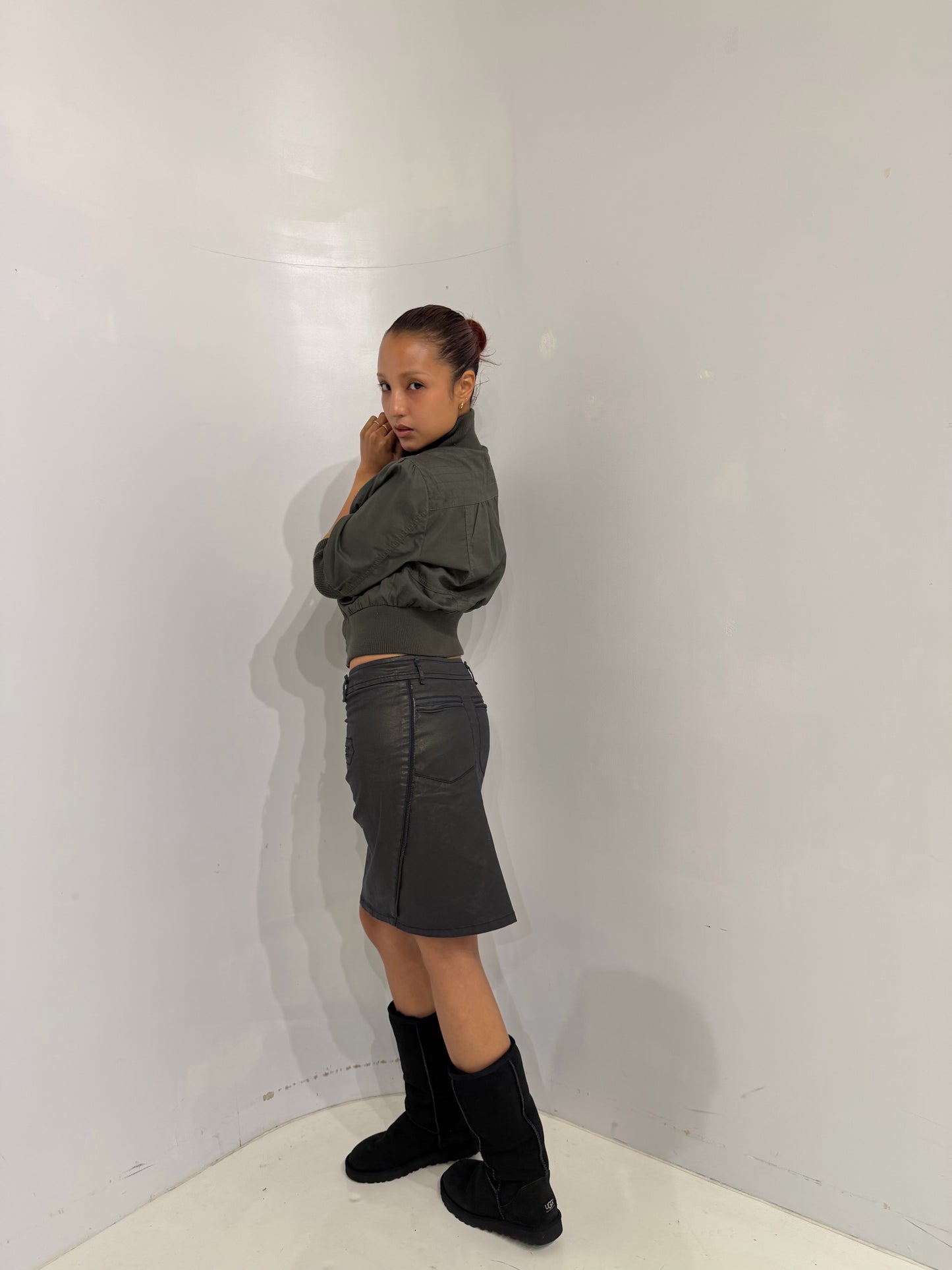 metallic khaki mini skirt