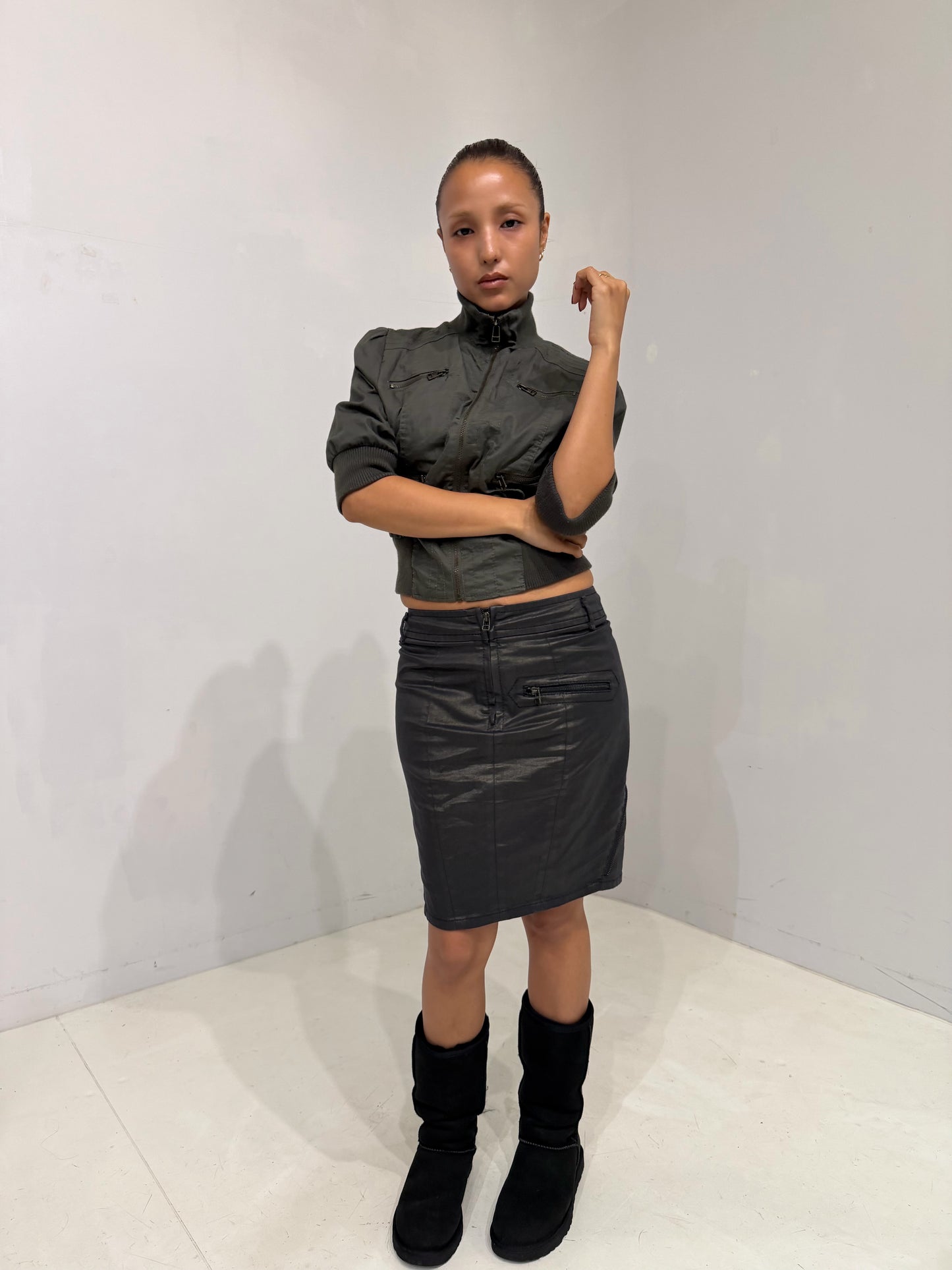 metallic khaki mini skirt