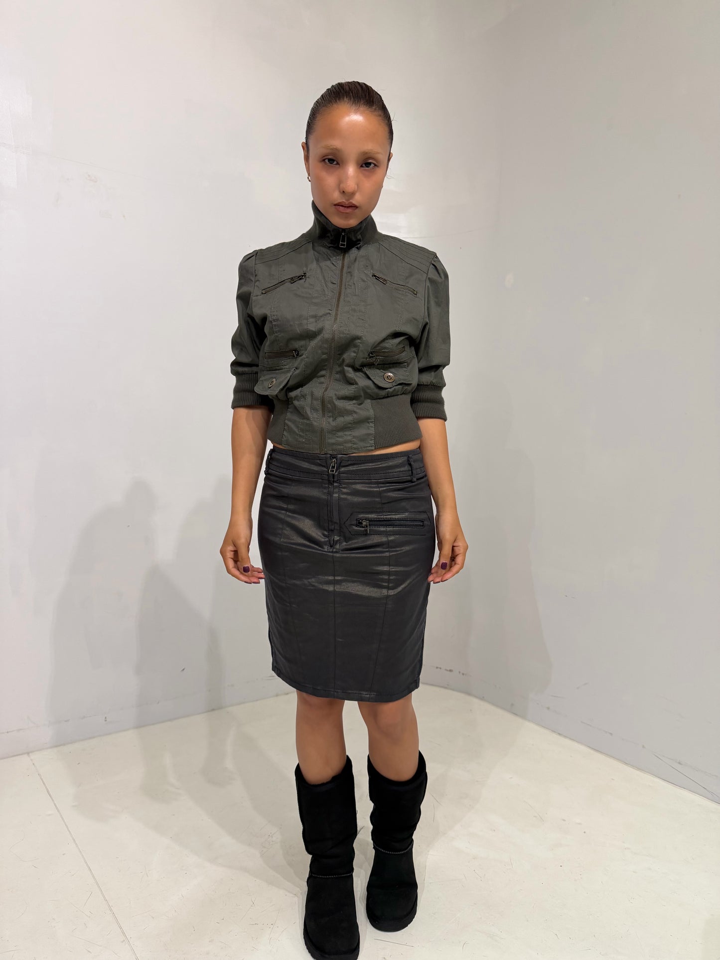 metallic khaki mini skirt