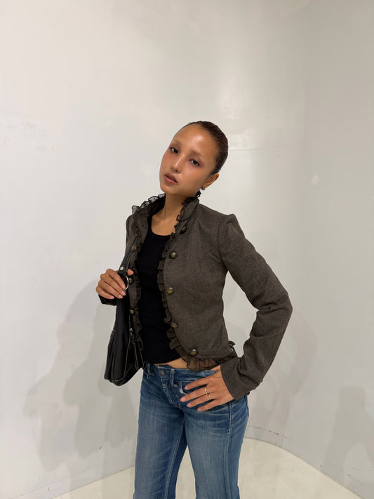 brown shadow stripe  frilled jacket