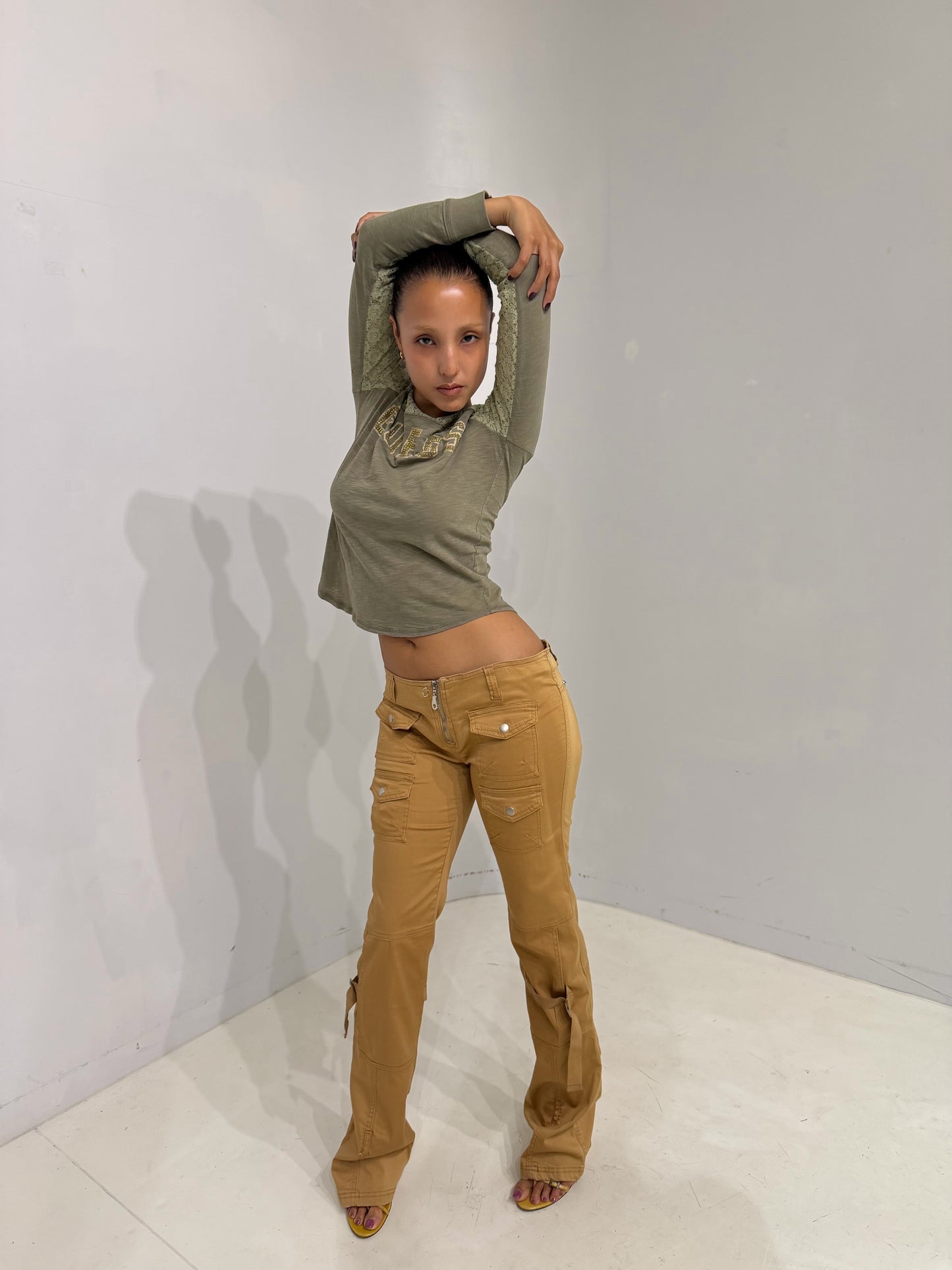 low-rise camel cargo pants