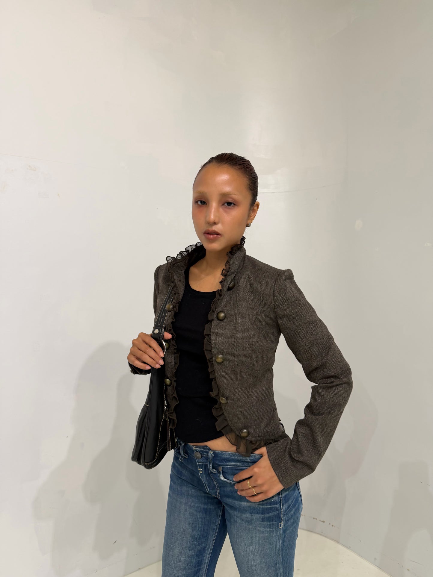 brown shadow stripe  frilled jacket