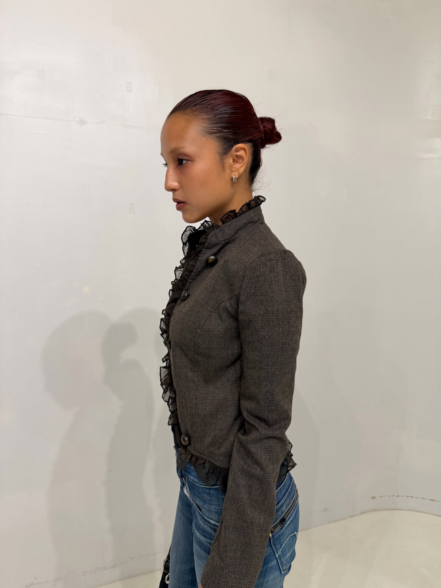brown shadow stripe  frilled jacket