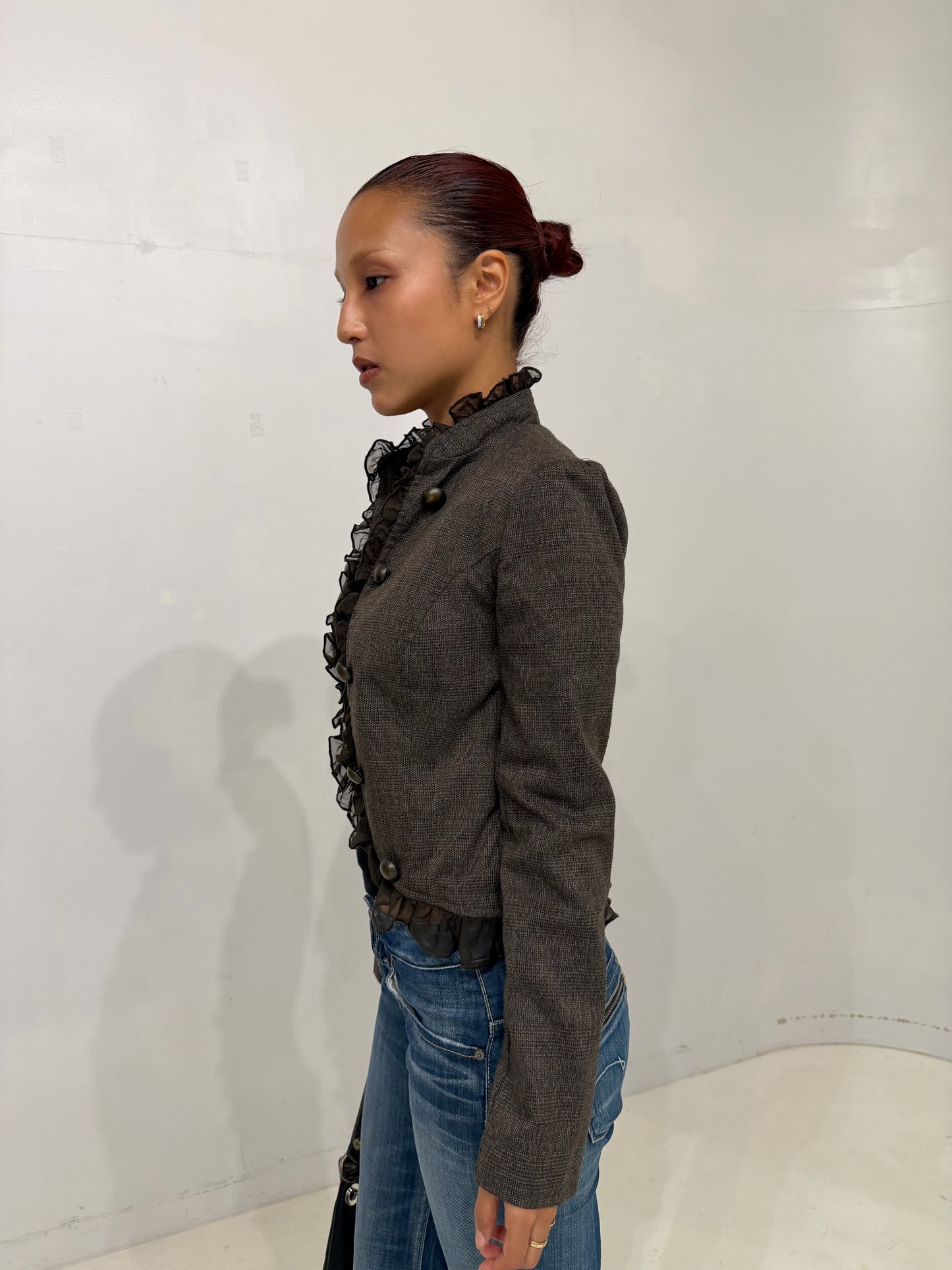 brown shadow stripe  frilled jacket