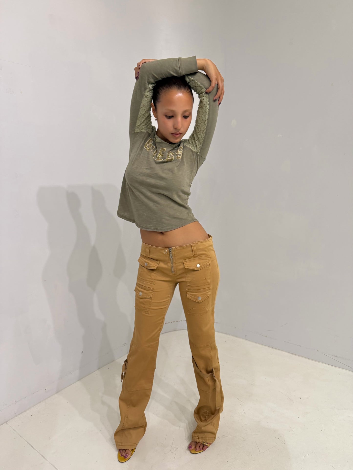 low-rise camel cargo pants