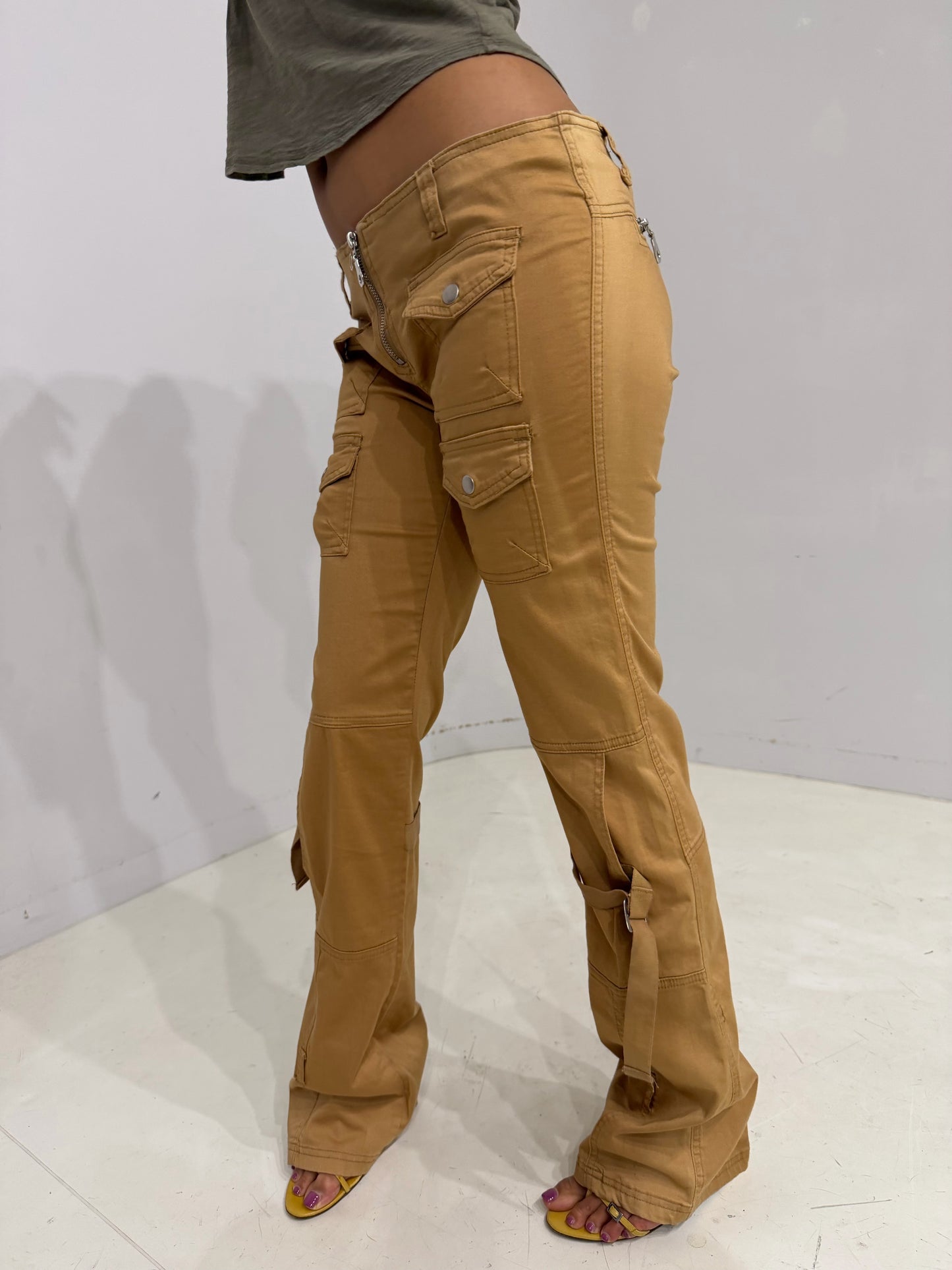 low-rise camel cargo pants