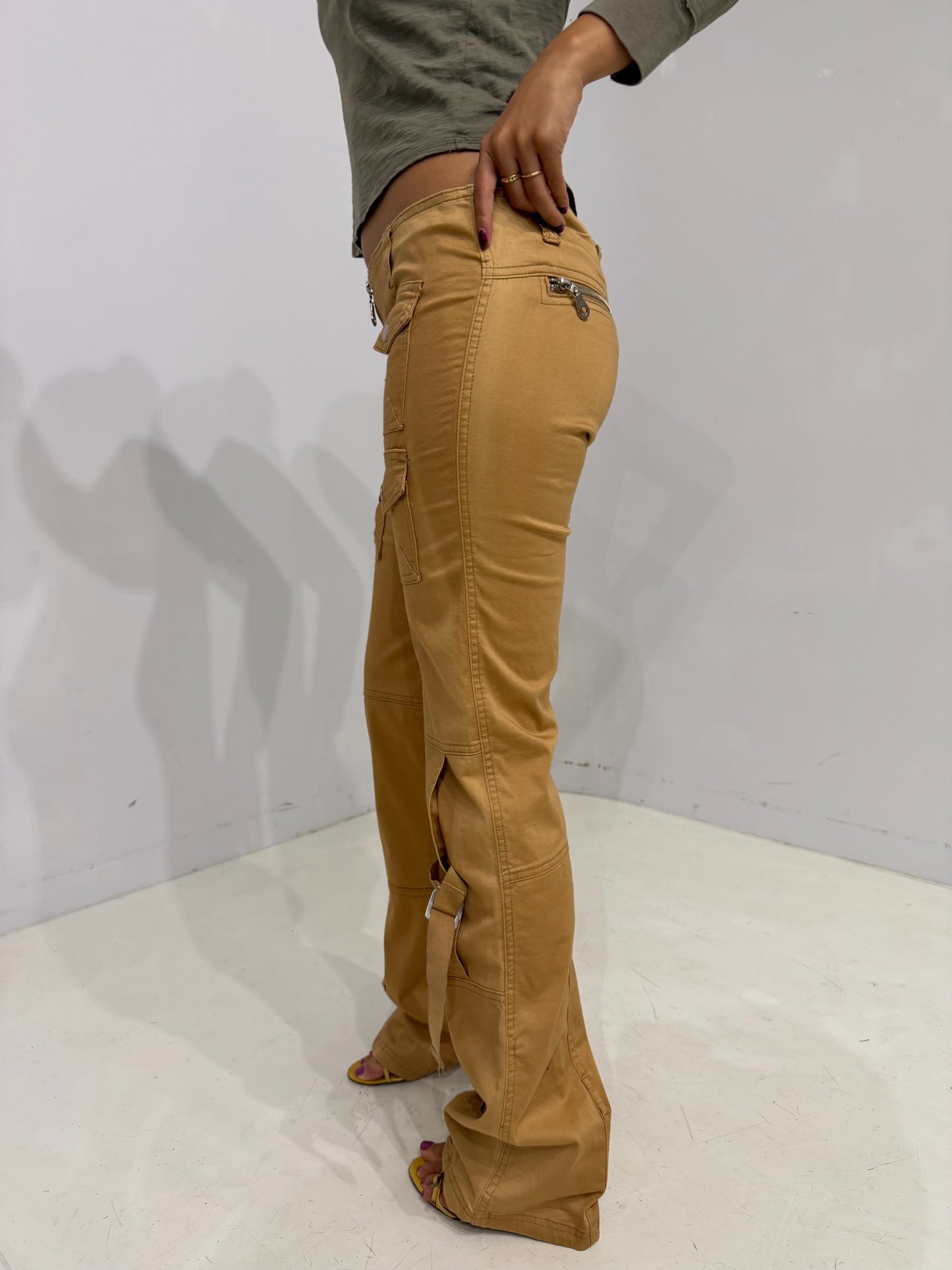 low-rise camel cargo pants