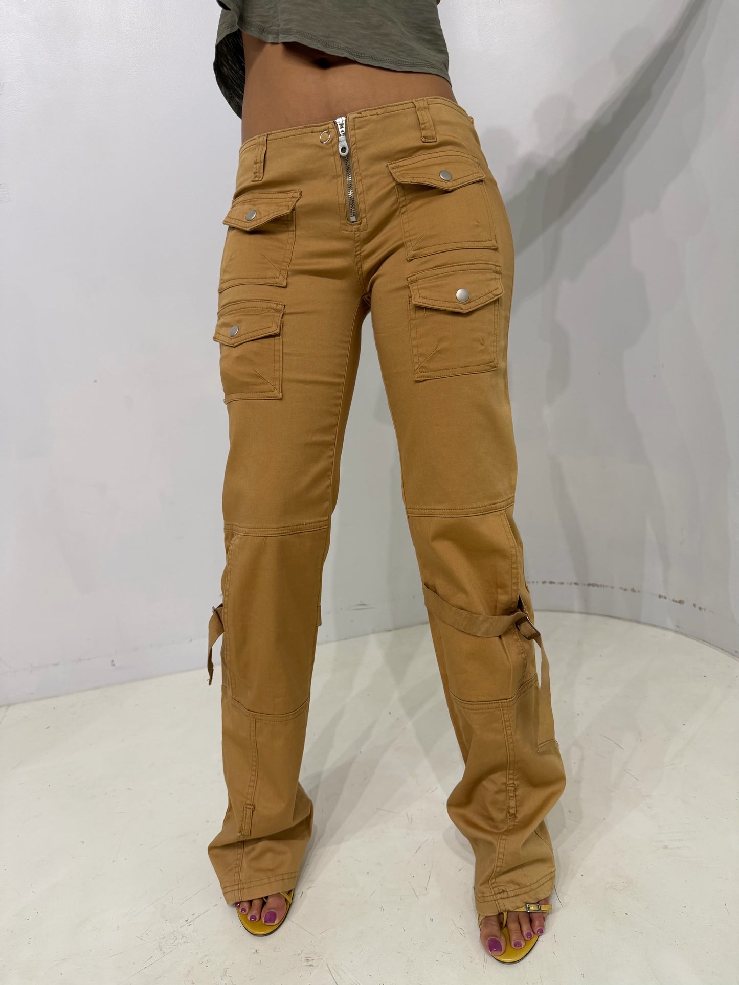 low-rise camel cargo pants