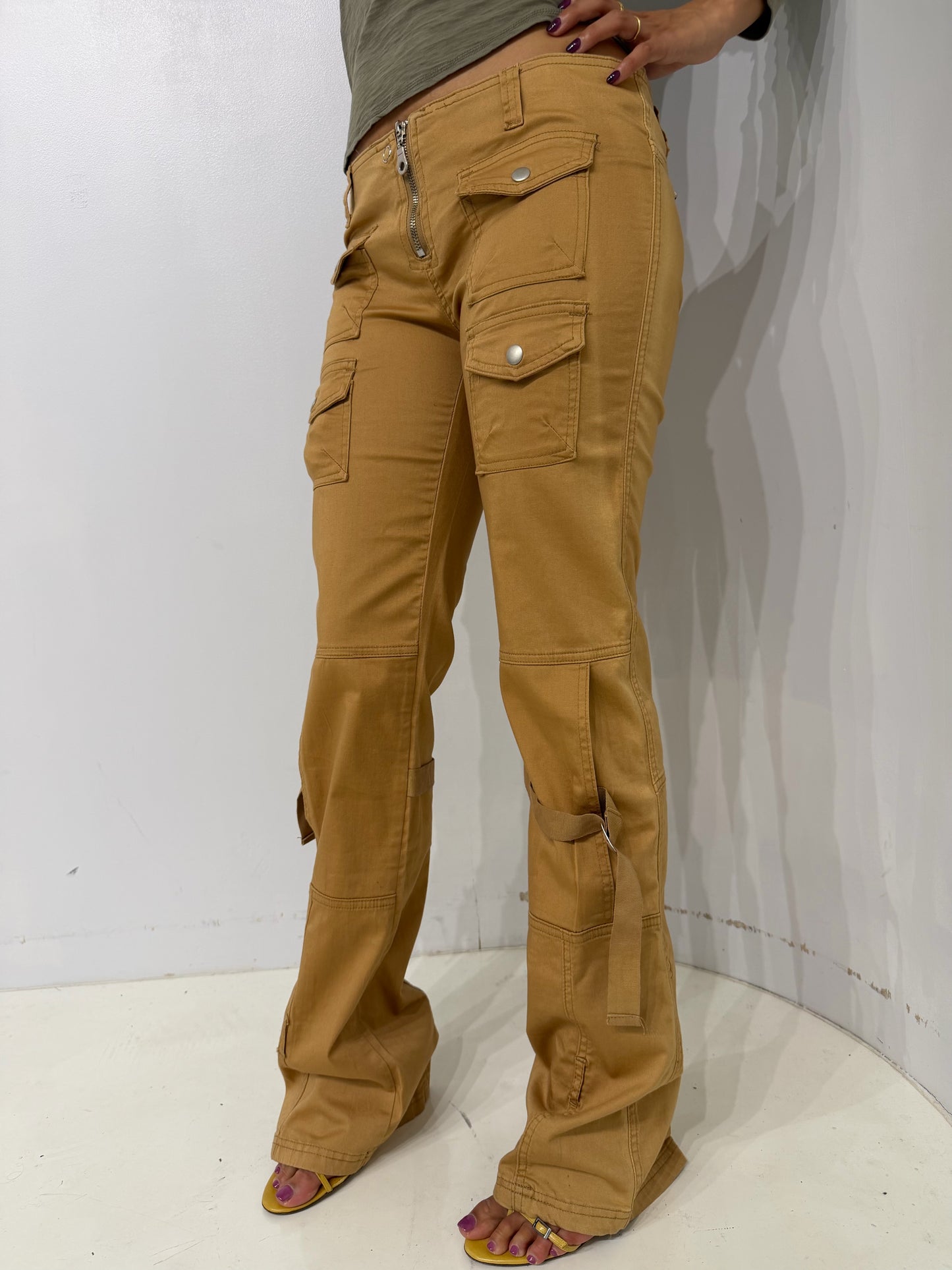 low-rise camel cargo pants