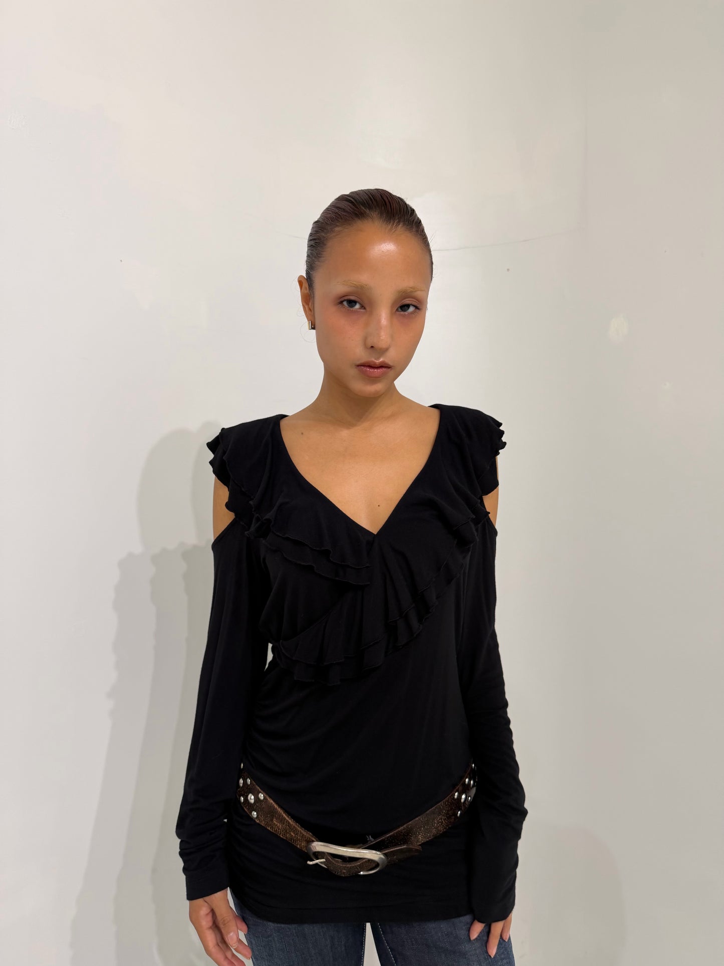 black frilled long sleeve top