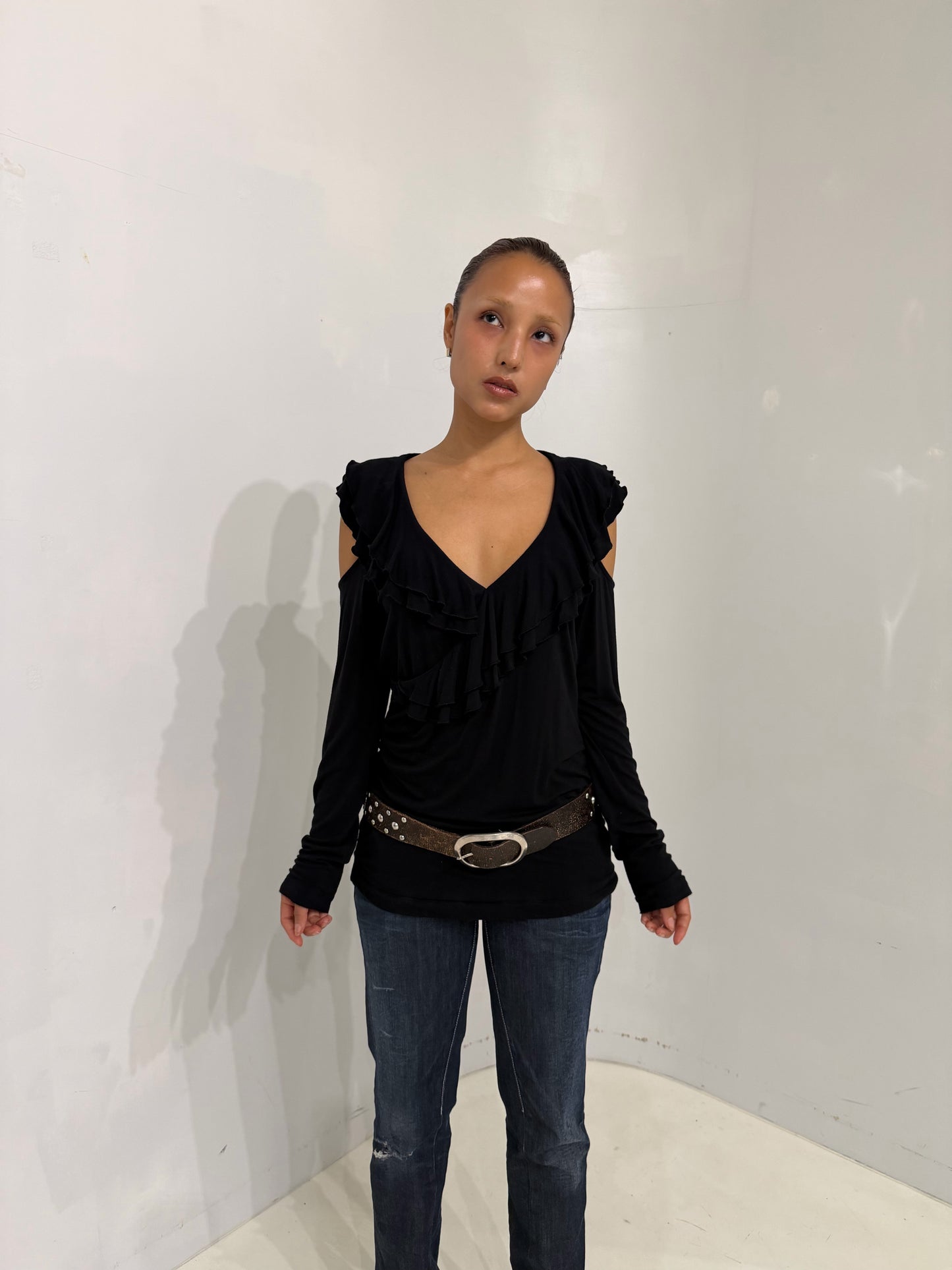 black frilled long sleeve top