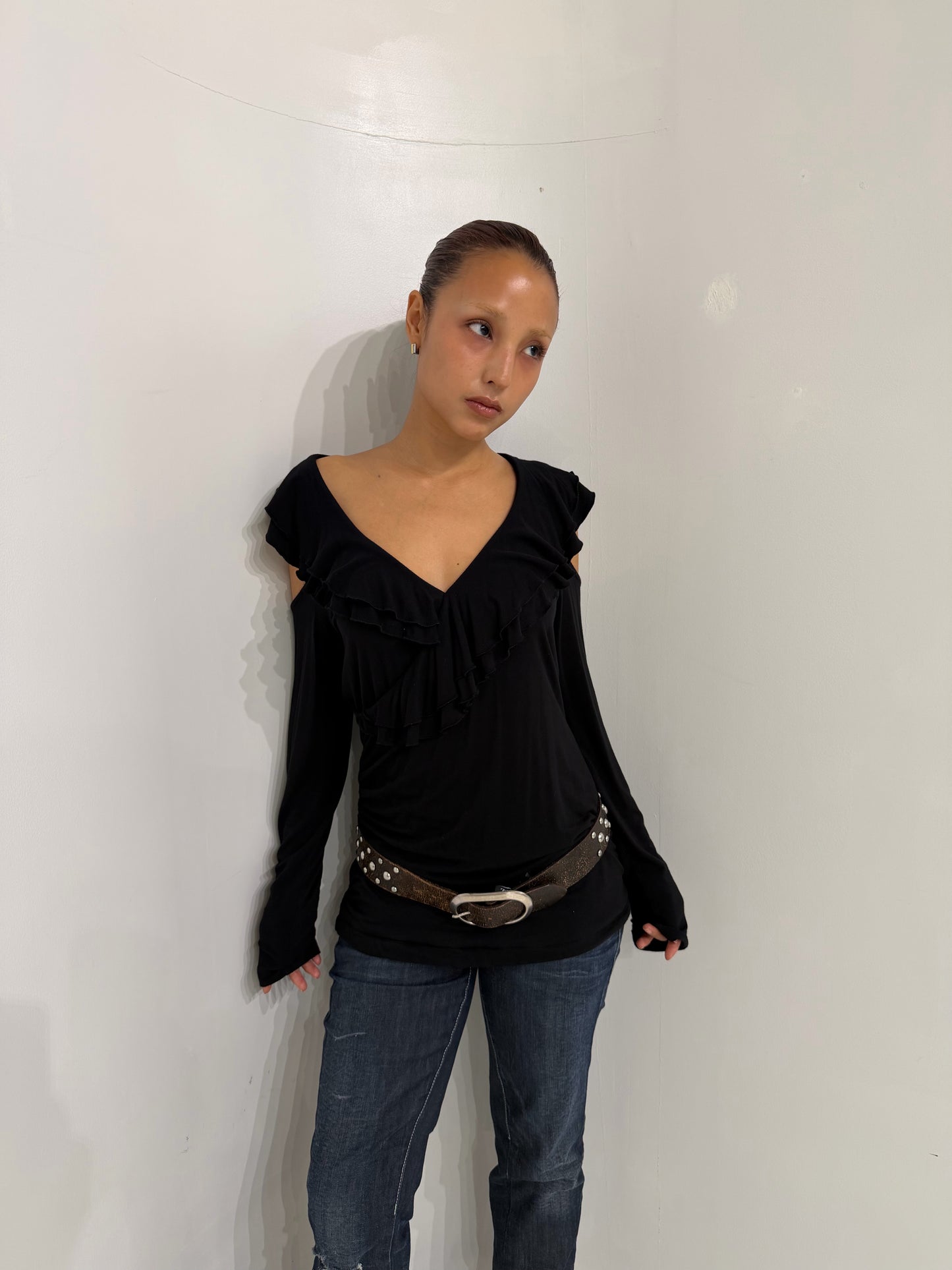 black frilled long sleeve top