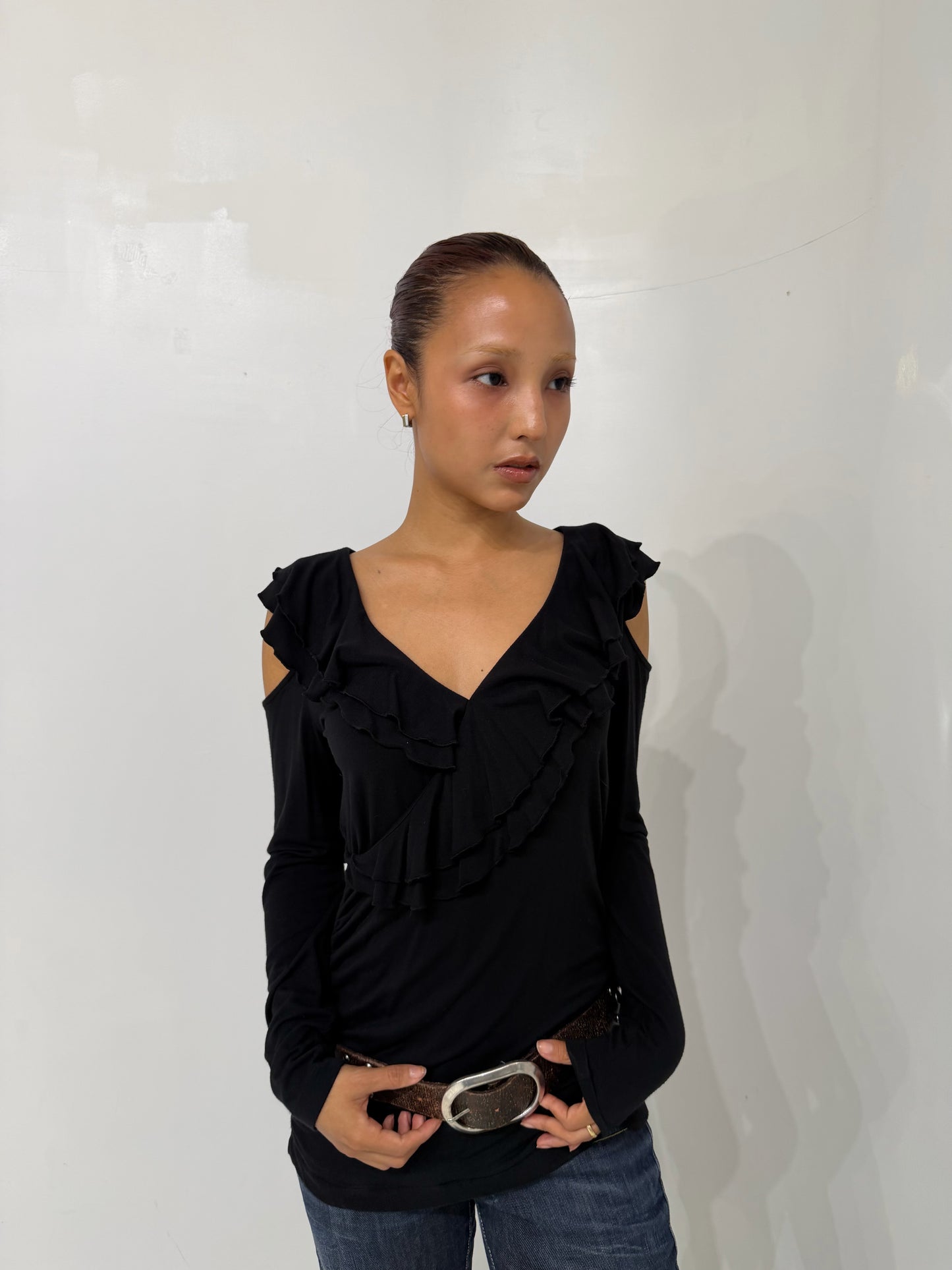 black frilled long sleeve top