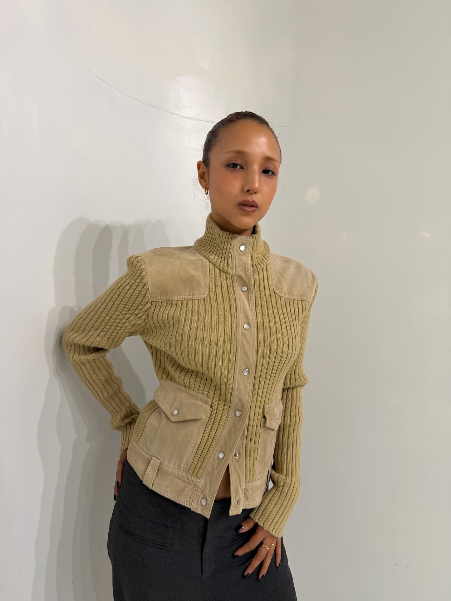 ivory knitted button-up jacket