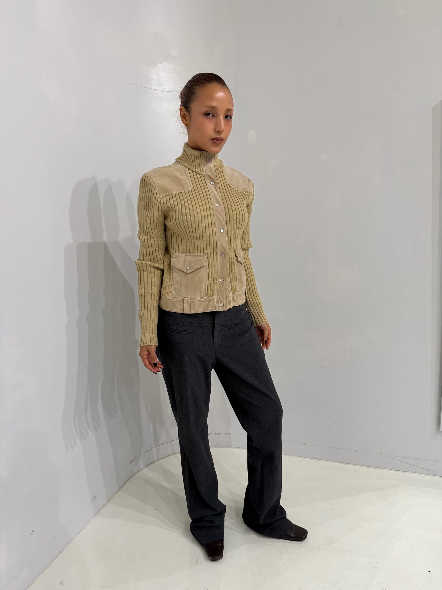 ivory knitted button-up jacket