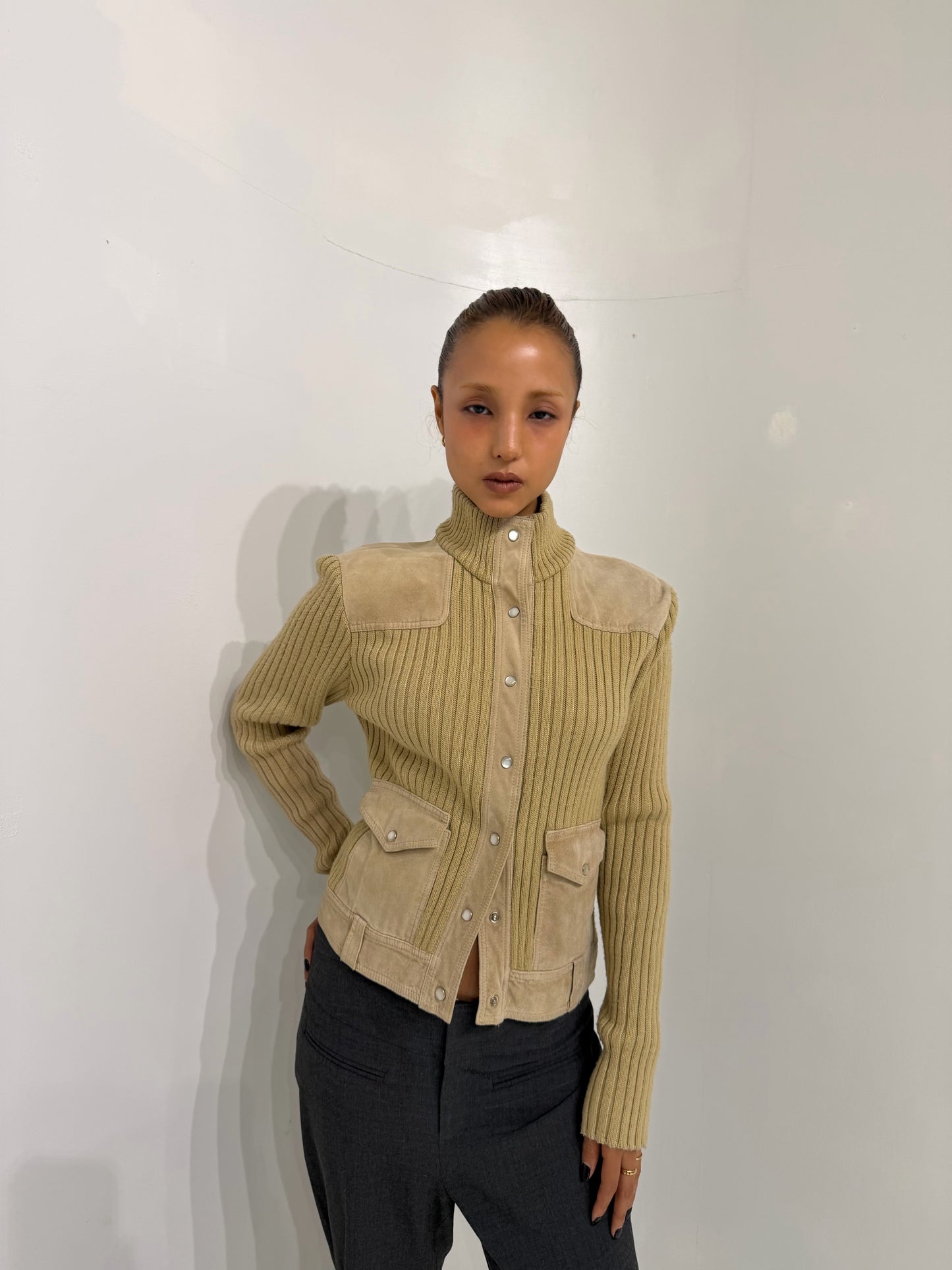 ivory knitted button-up jacket