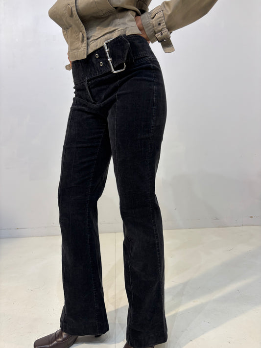 belted low-waisted flared black corduroy pants