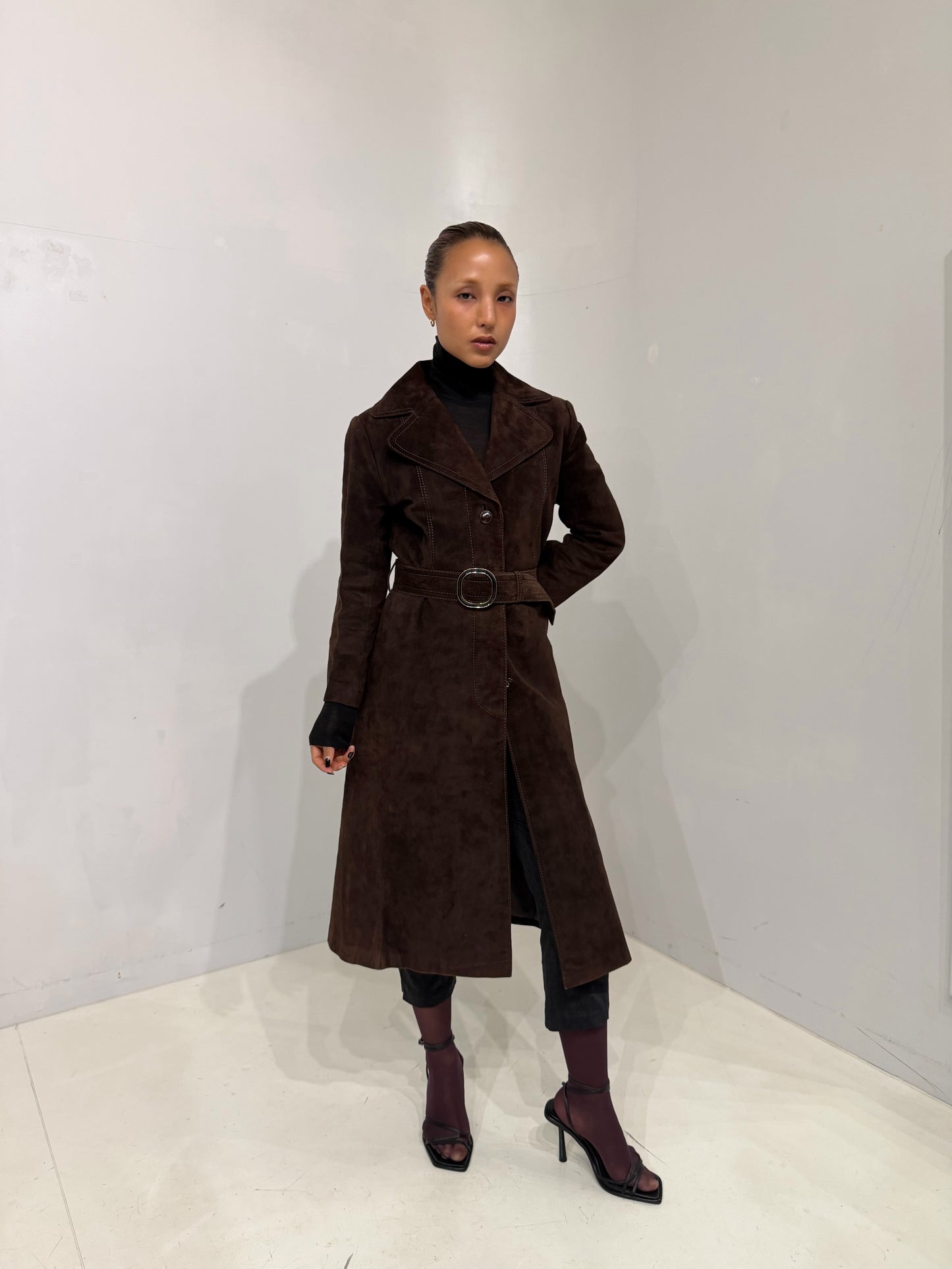 brown long suède coat