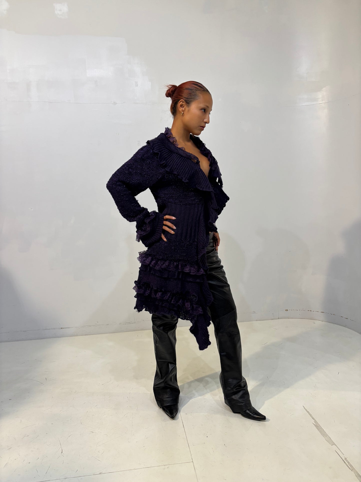 frilled purple knit cardigan