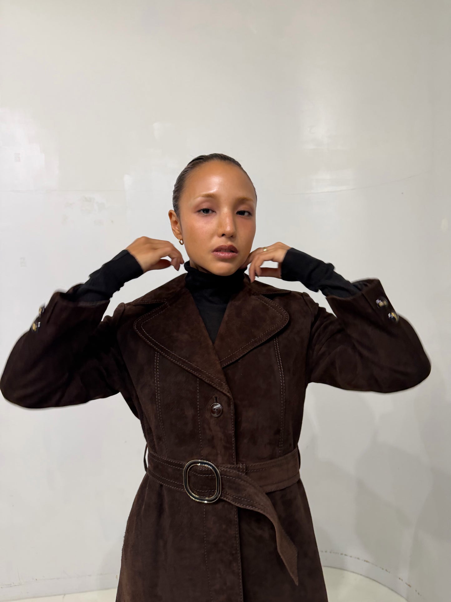 brown long suède coat