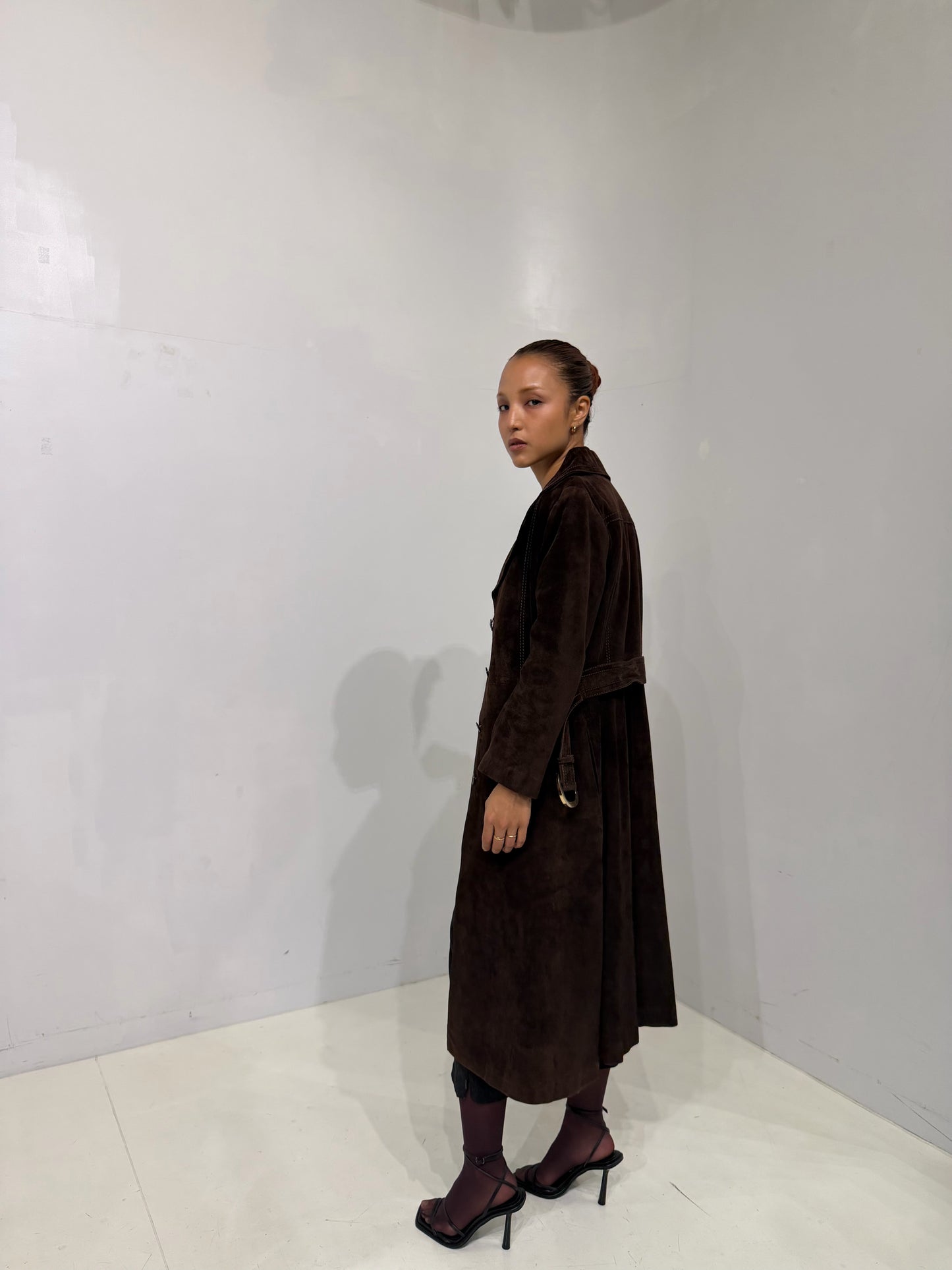 brown long suède coat