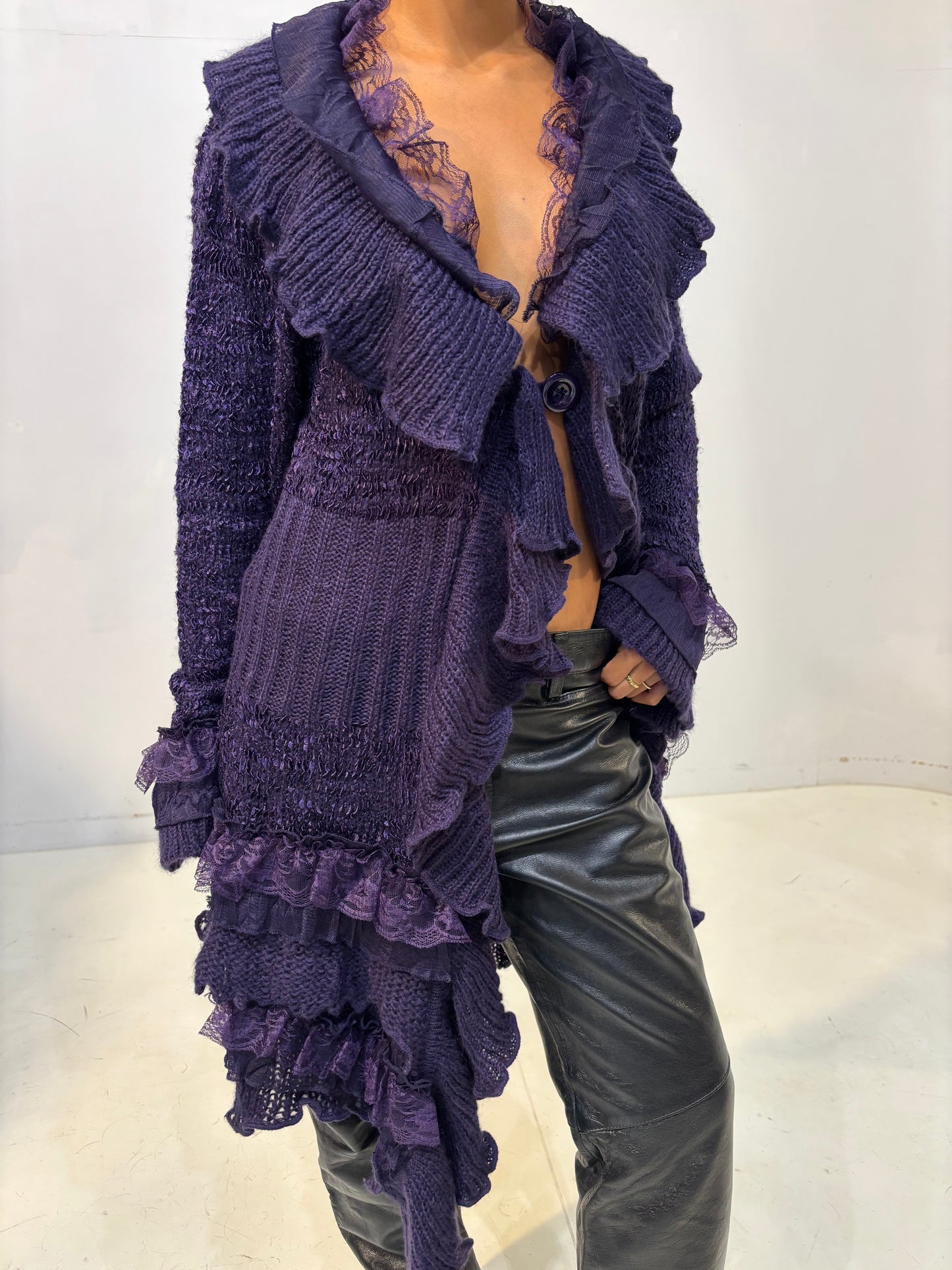 frilled purple knit cardigan
