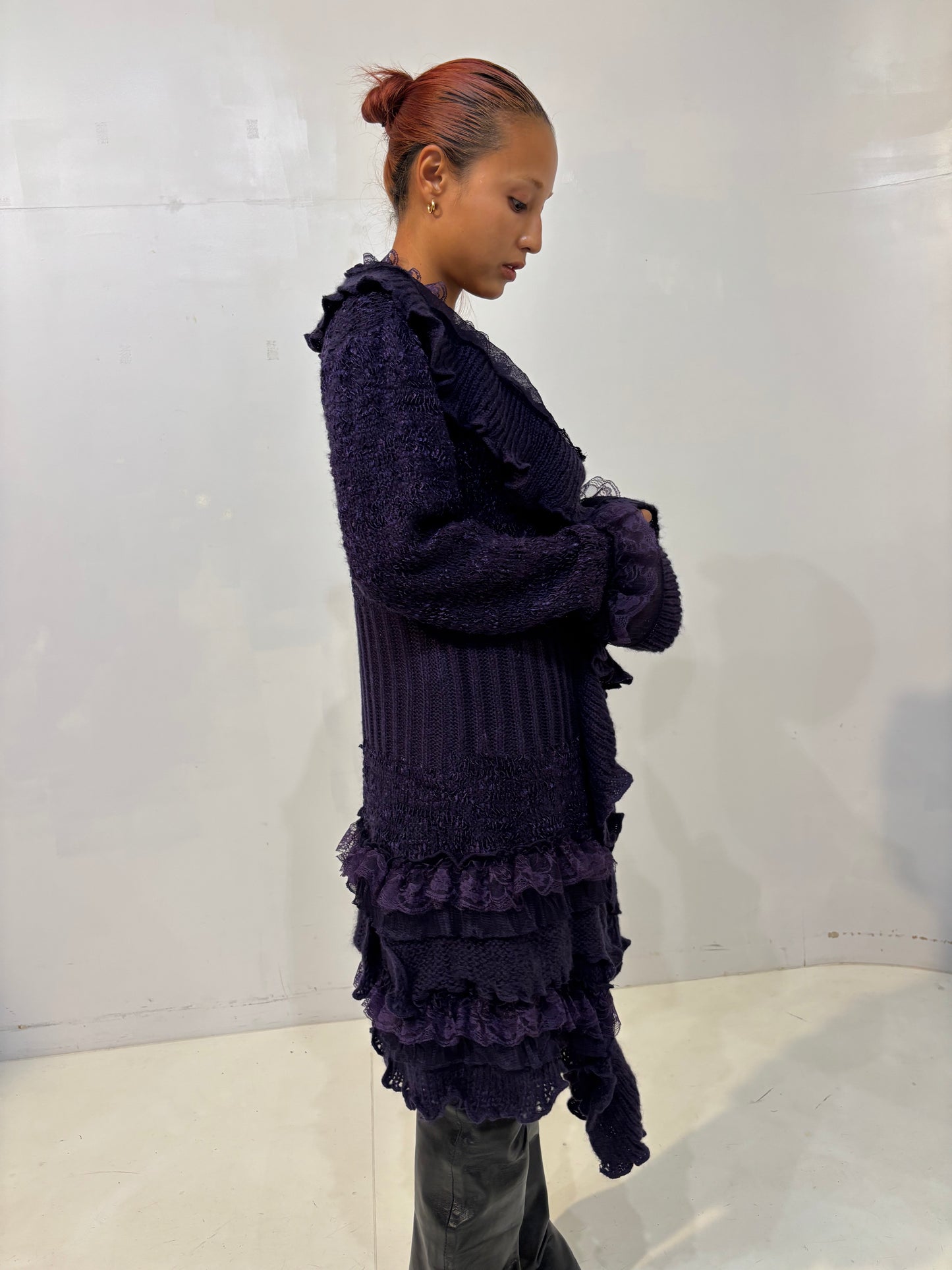 frilled purple knit cardigan