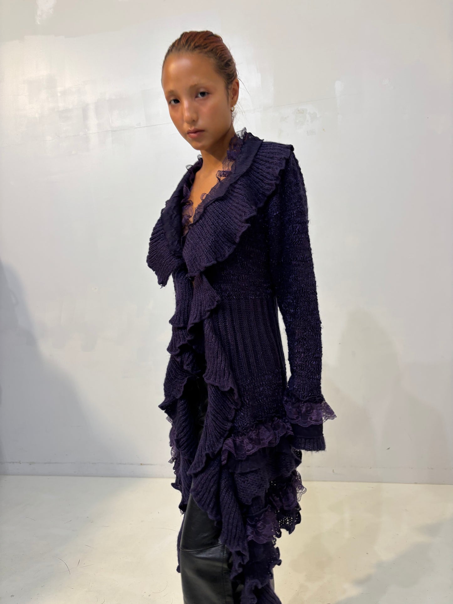 frilled purple knit cardigan