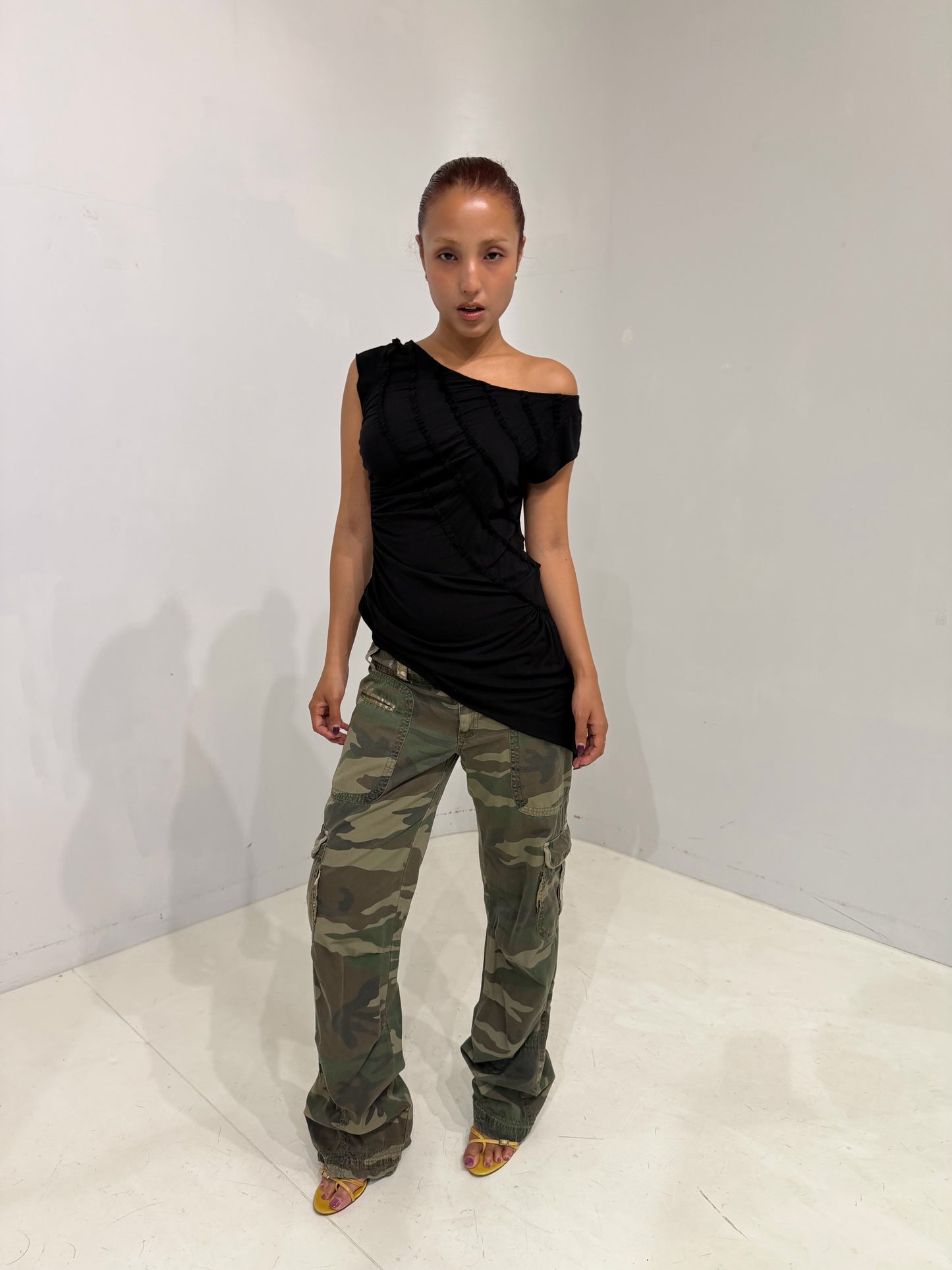 asymmetry black sleeveless top