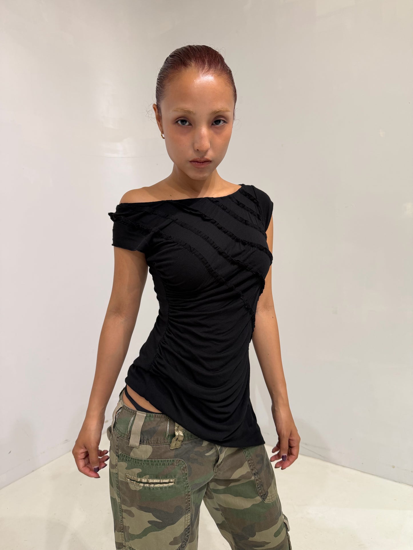 asymmetry black sleeveless top