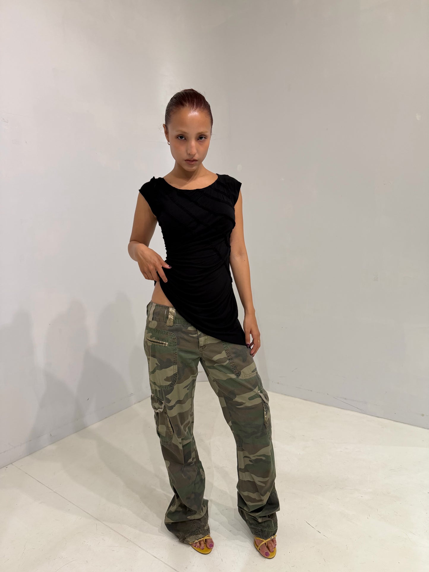 asymmetry black sleeveless top