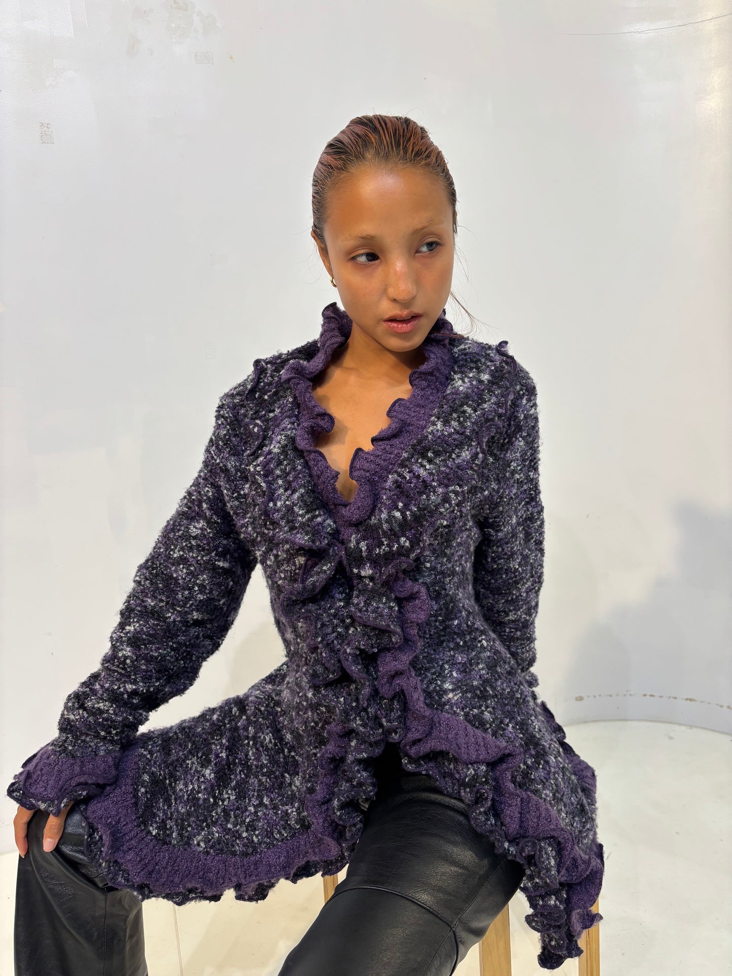 frilled melange knit cardigan(purple)