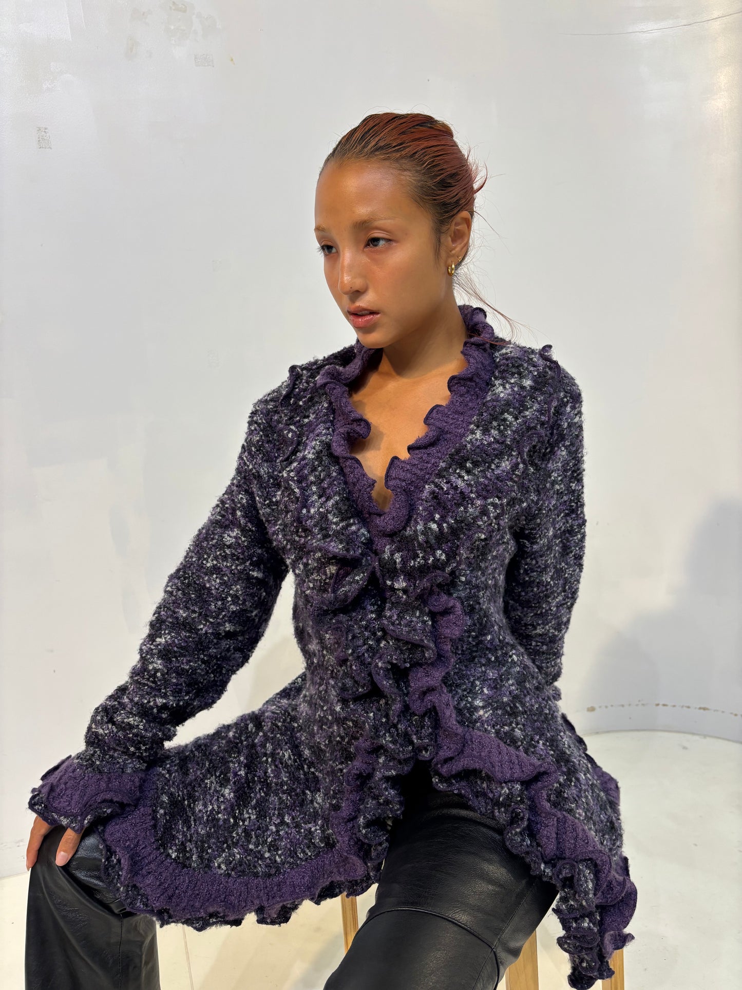 frilled melange knit cardigan(purple)