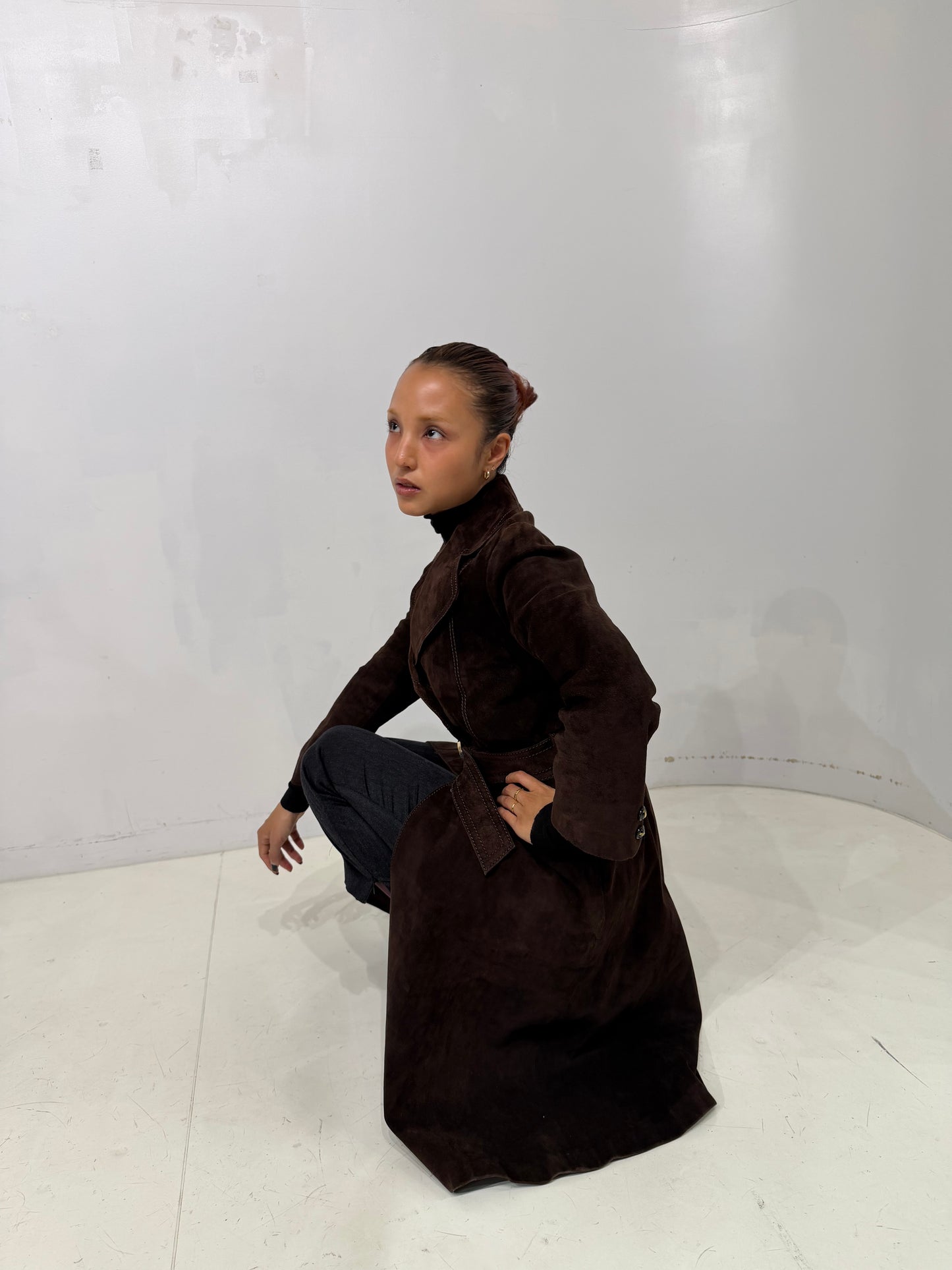 brown long suède coat