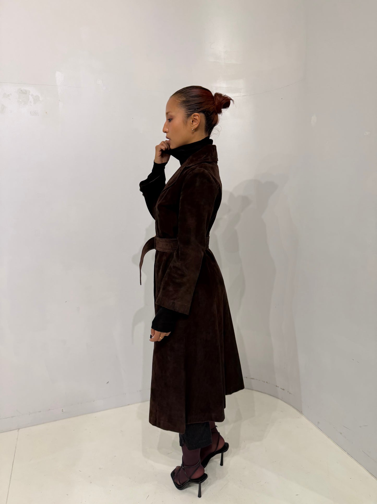 brown long suède coat
